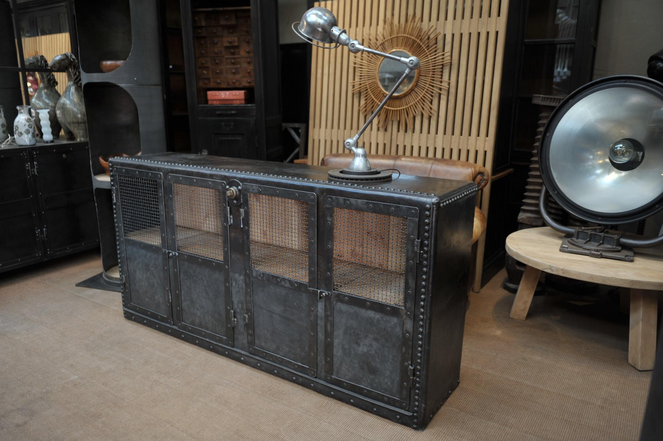 Early 20th Century Industrial Riveted Metal 4 Mesh Doors Cabinet For Sale