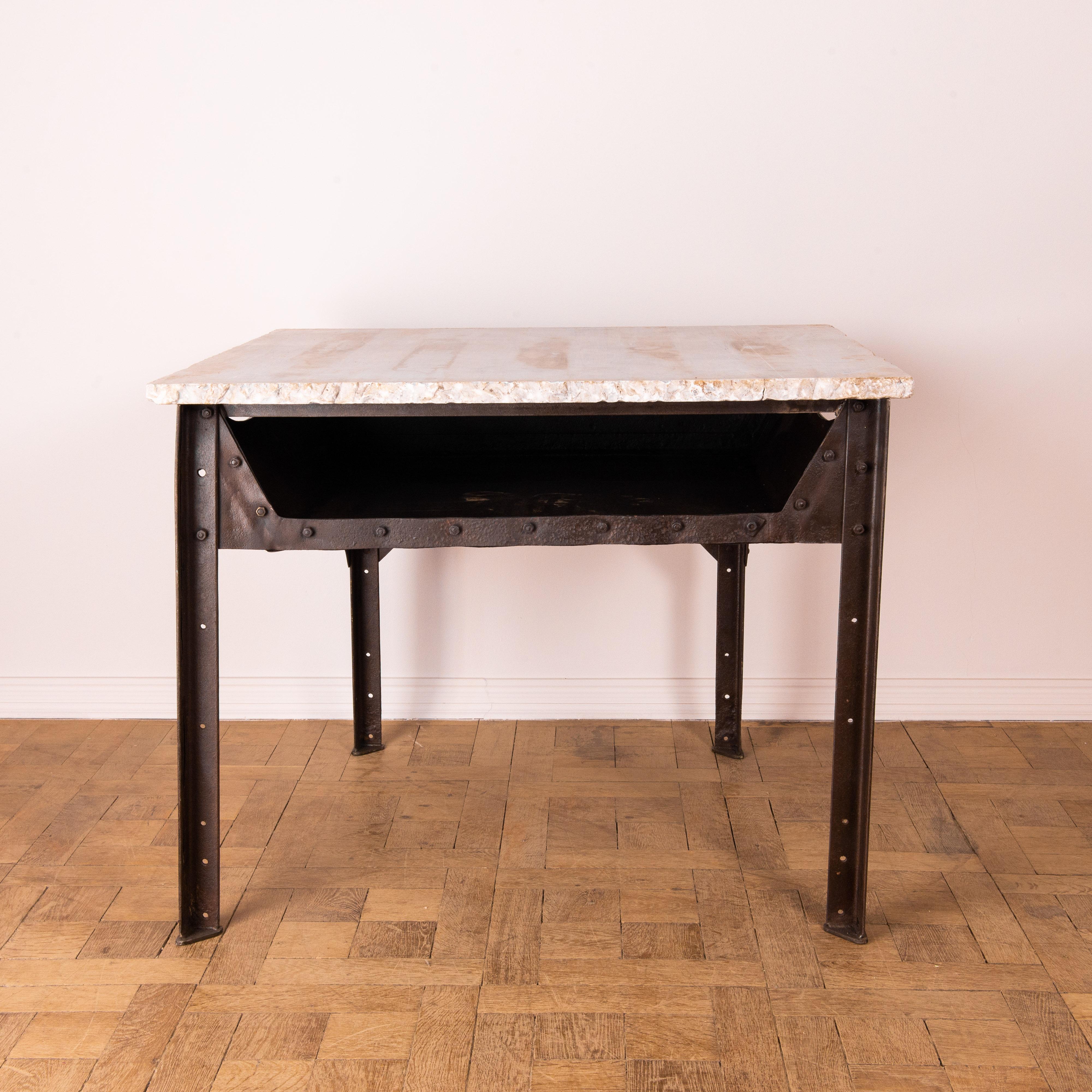 Czech Industrial Riveted Steel Table with Marble Top