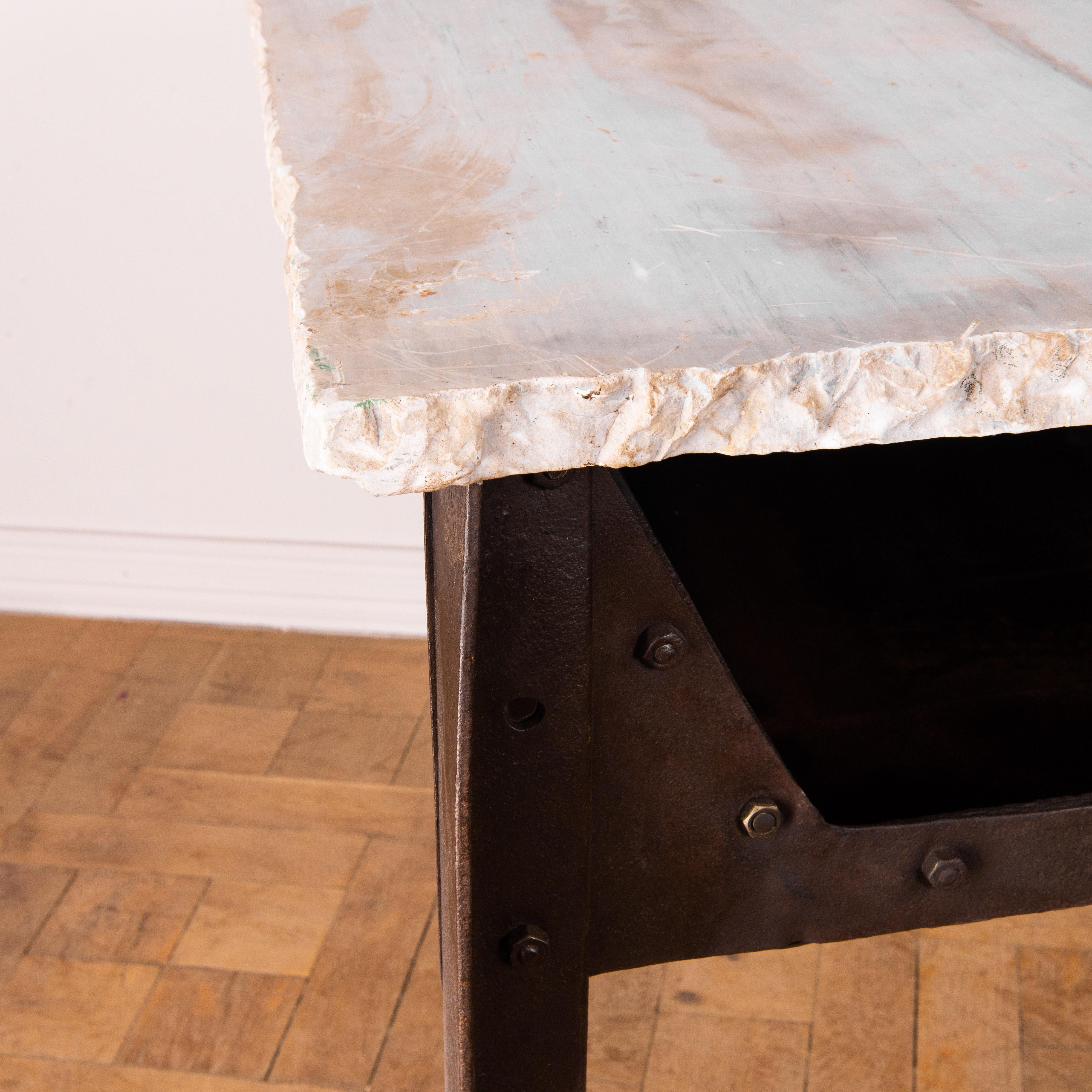 Industrial Riveted Steel Table with Marble Top In Good Condition In High Point, NC