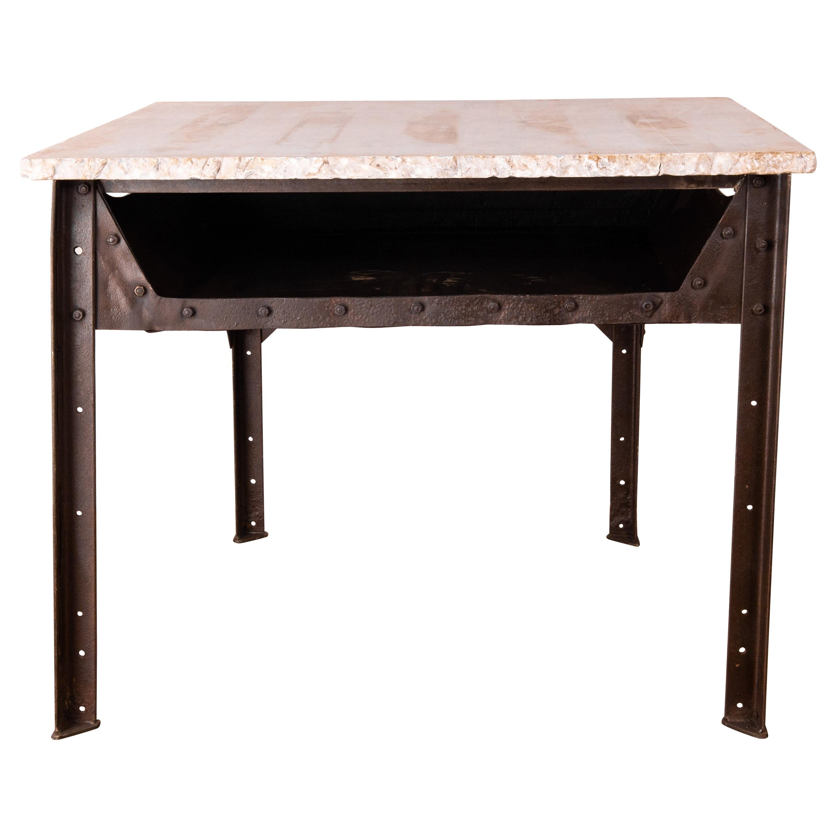 Industrial Riveted Steel Table with Marble Top