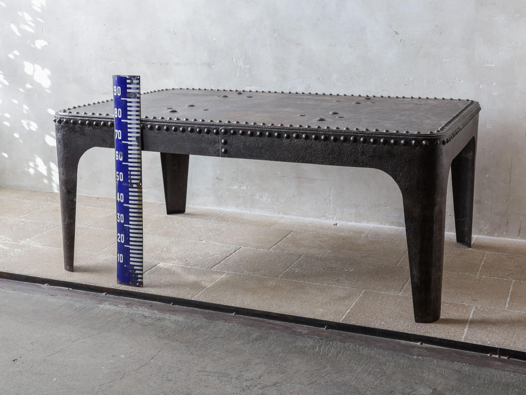 Industrial riveted table made from an old water tank For Sale 3