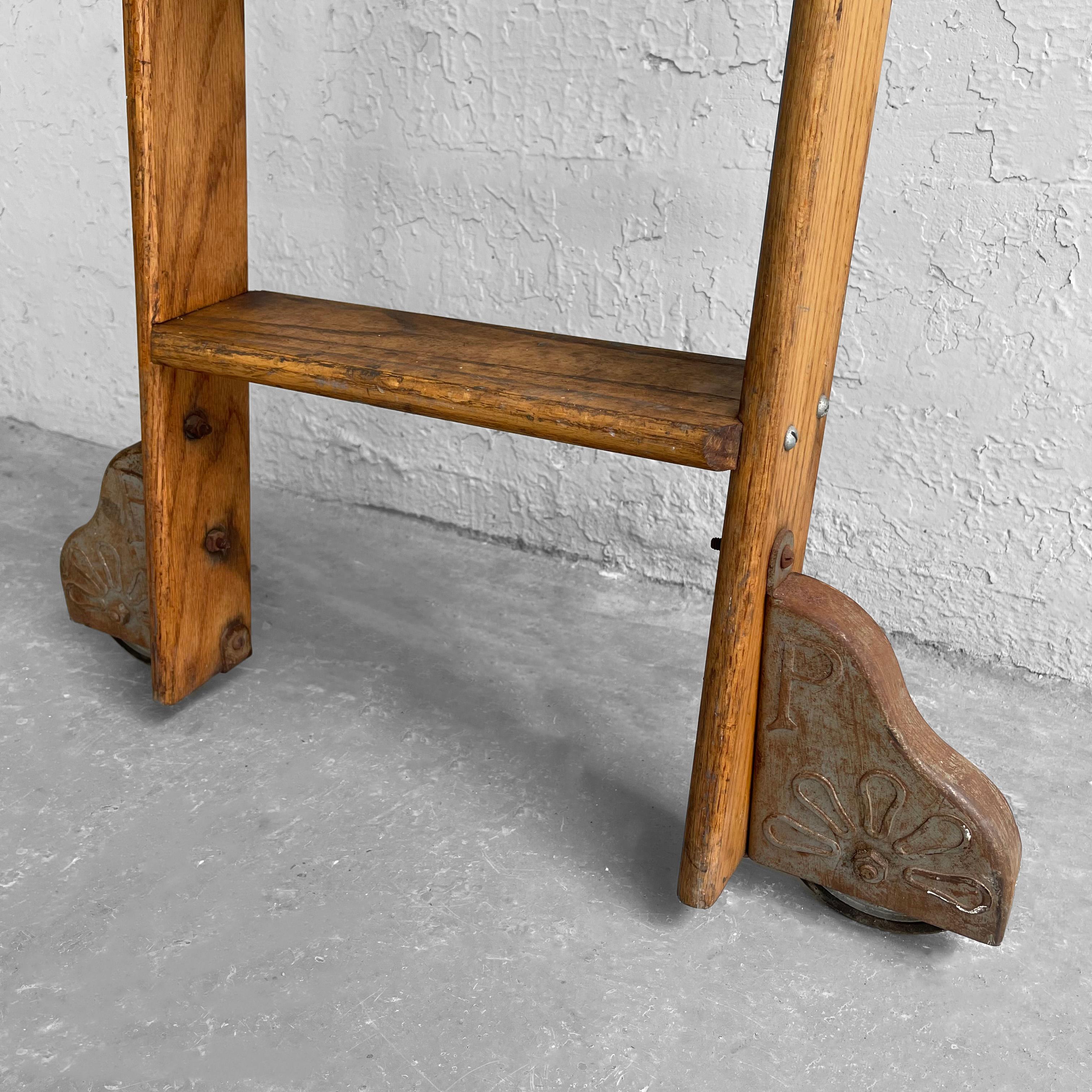 Industrial Rolling Oak Library Ladder by Putnam In Good Condition In Brooklyn, NY