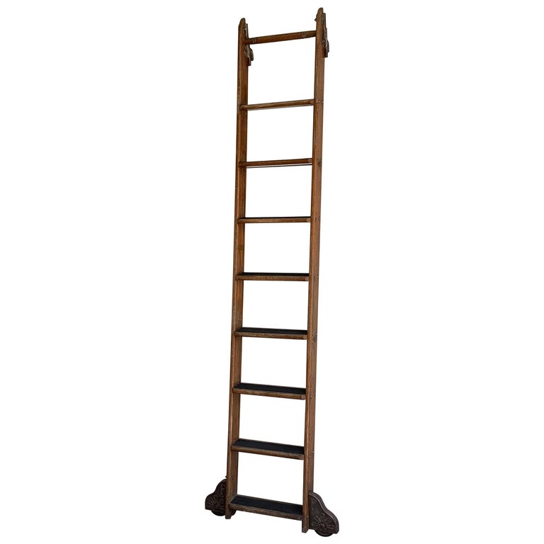 Industrial Rolling Oak Library Ladder by Putnam at 1stDibs