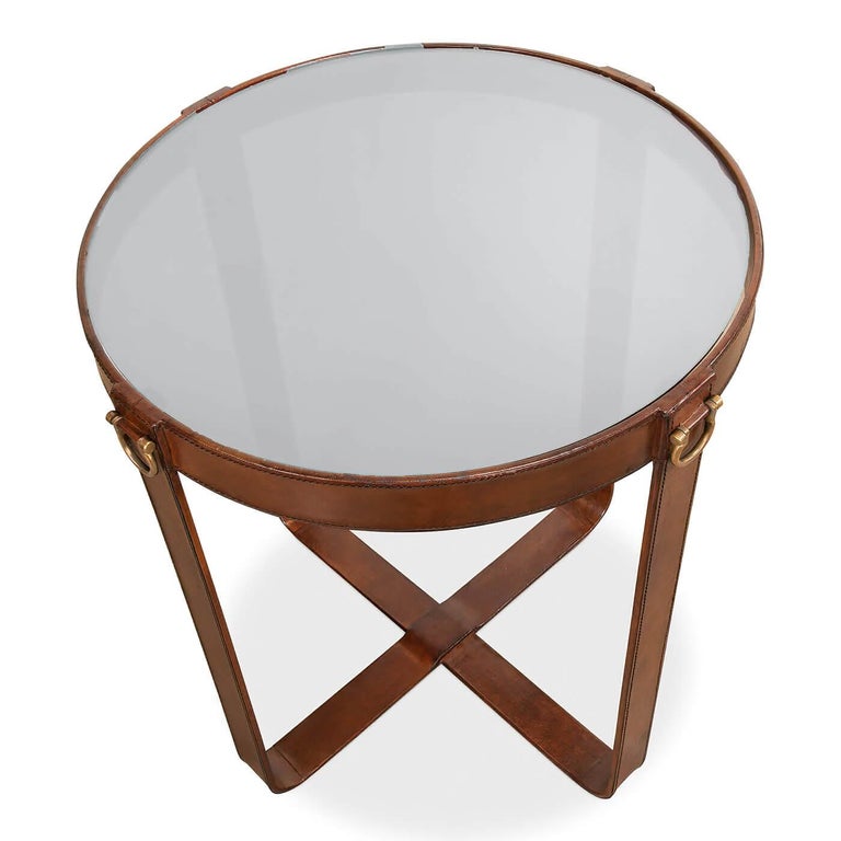 Industrial Round Leather End Table For Sale at 1stDibs
