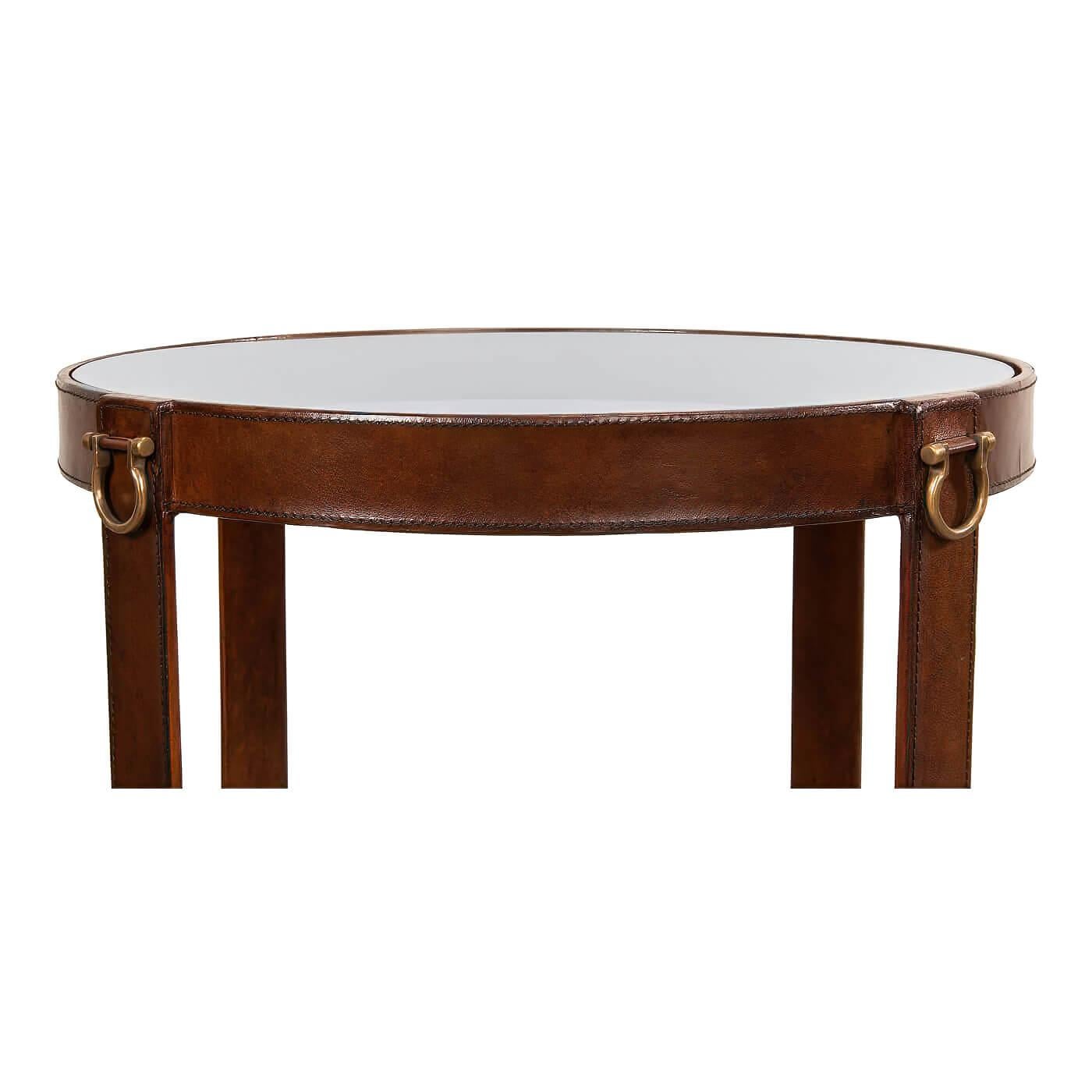 Contemporary Industrial Round Leather End Table For Sale