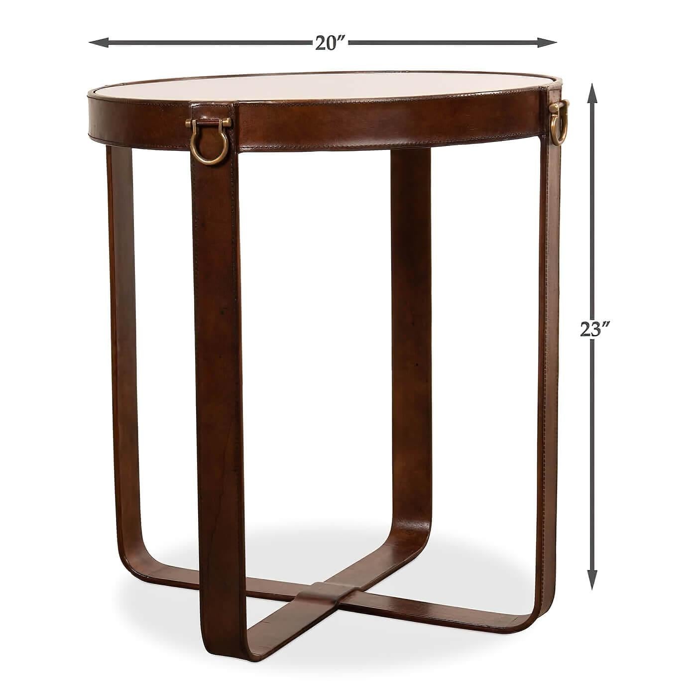 Industrial Round Leather End Table For Sale 2