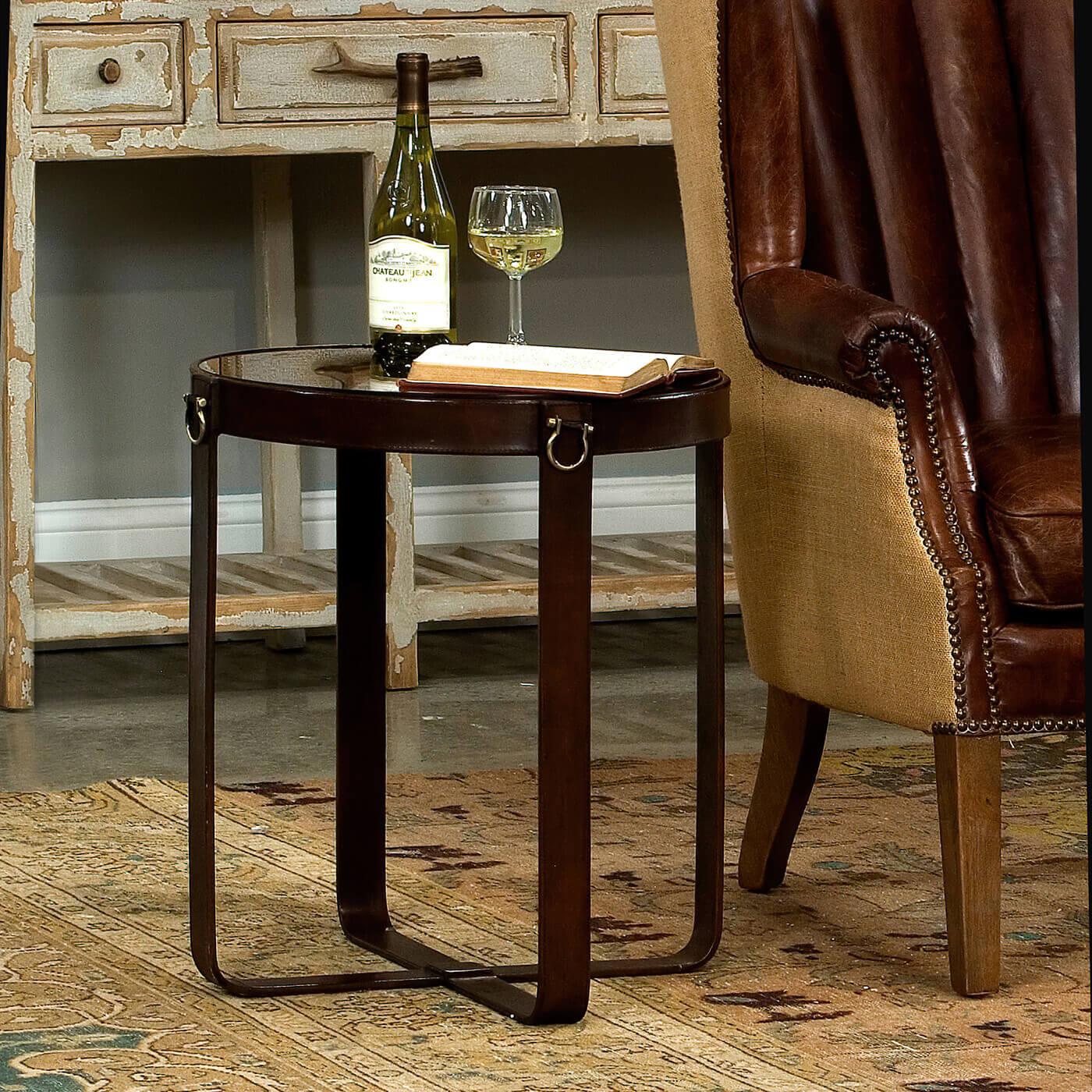 Industrial Round Leather End Table For Sale 3