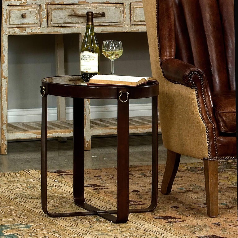 Industrial Round Leather End Table For Sale at 1stDibs