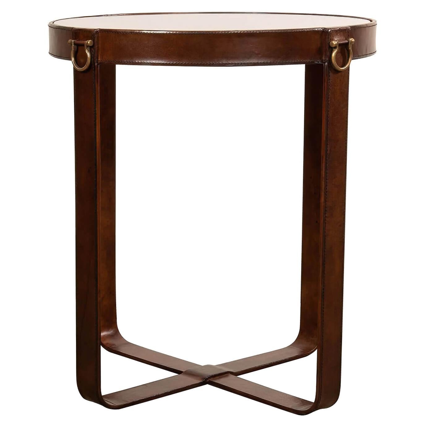 Industrial Round Leather End Table For Sale