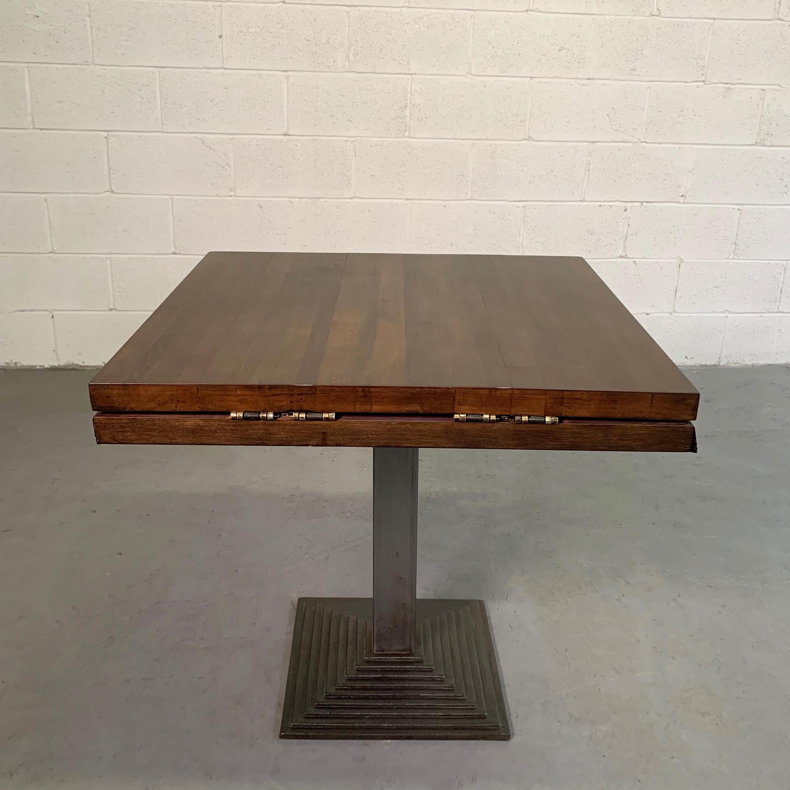 Industrial Round Oak Folding Dining Table with Cast Iron Pedestal Base In Good Condition In Brooklyn, NY