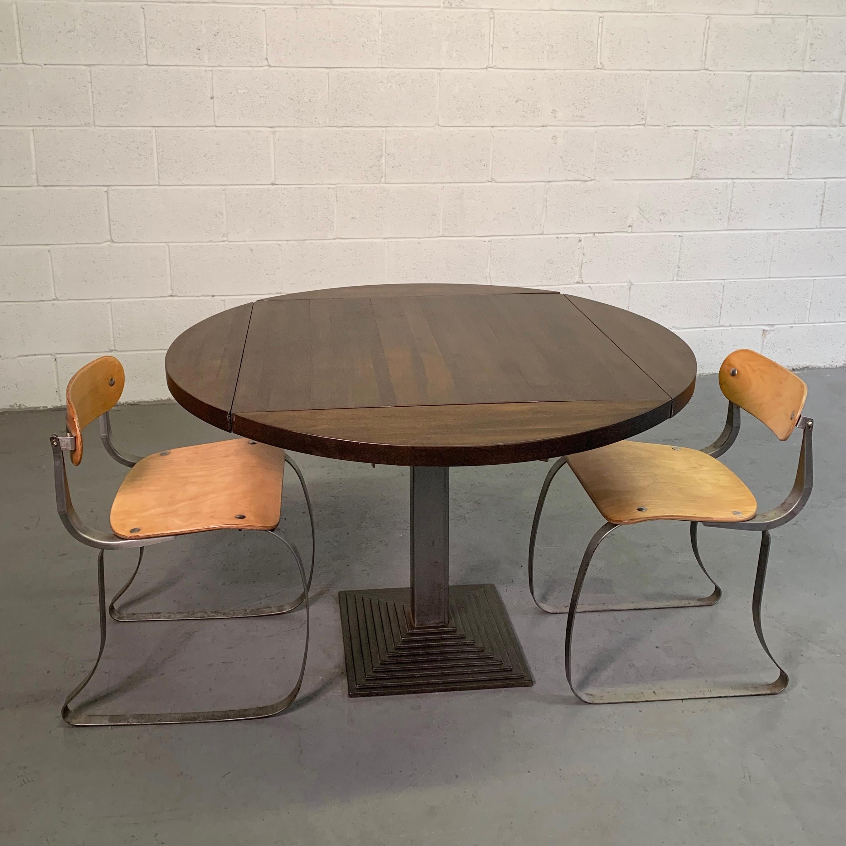 Industrial Round Oak Folding Dining Table with Cast Iron Pedestal Base 2