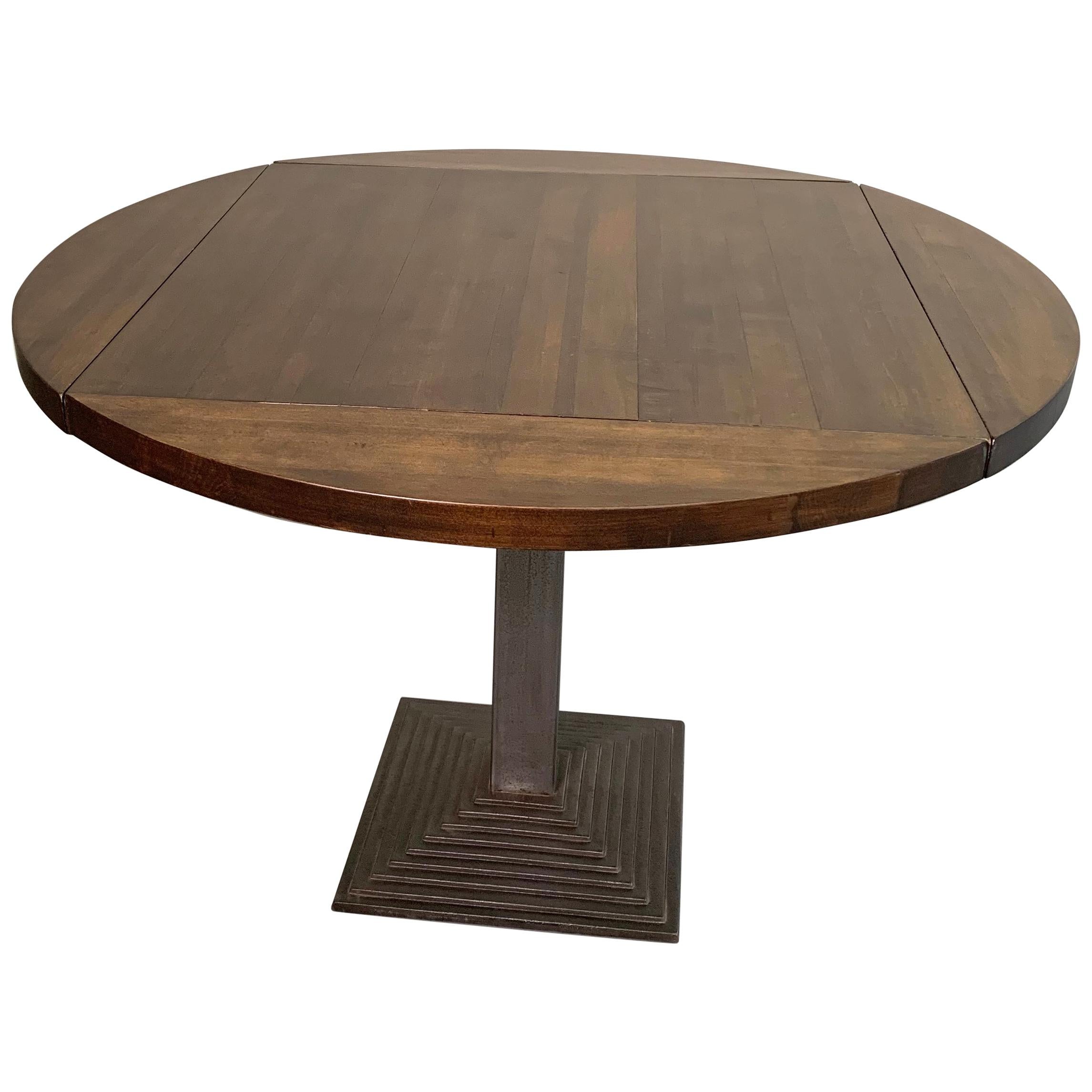 Industrial Round Oak Folding Dining Table with Cast Iron Pedestal Base