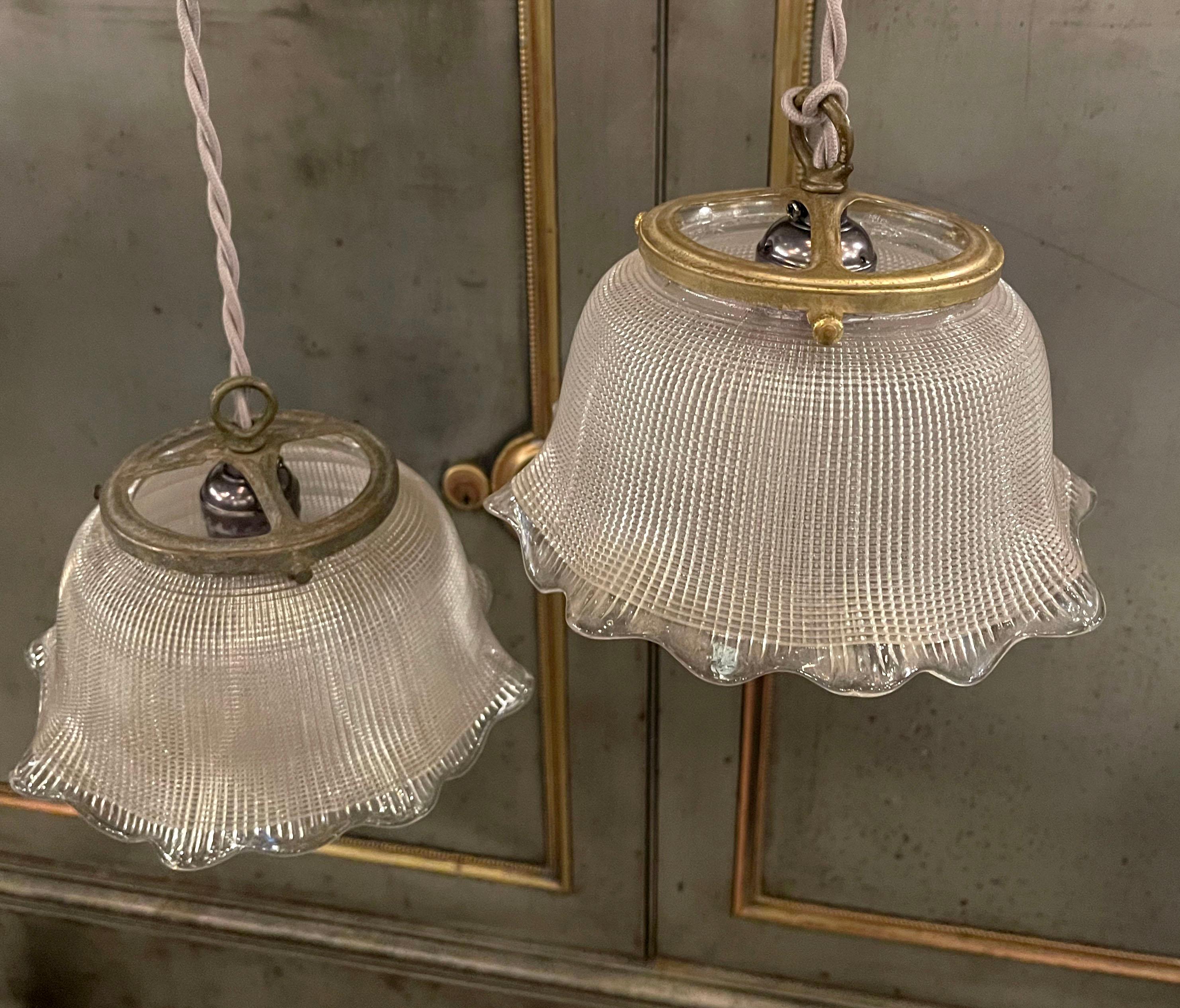 American Industrial Ruffled Bell Holophane Glass Pendants Lights For Sale