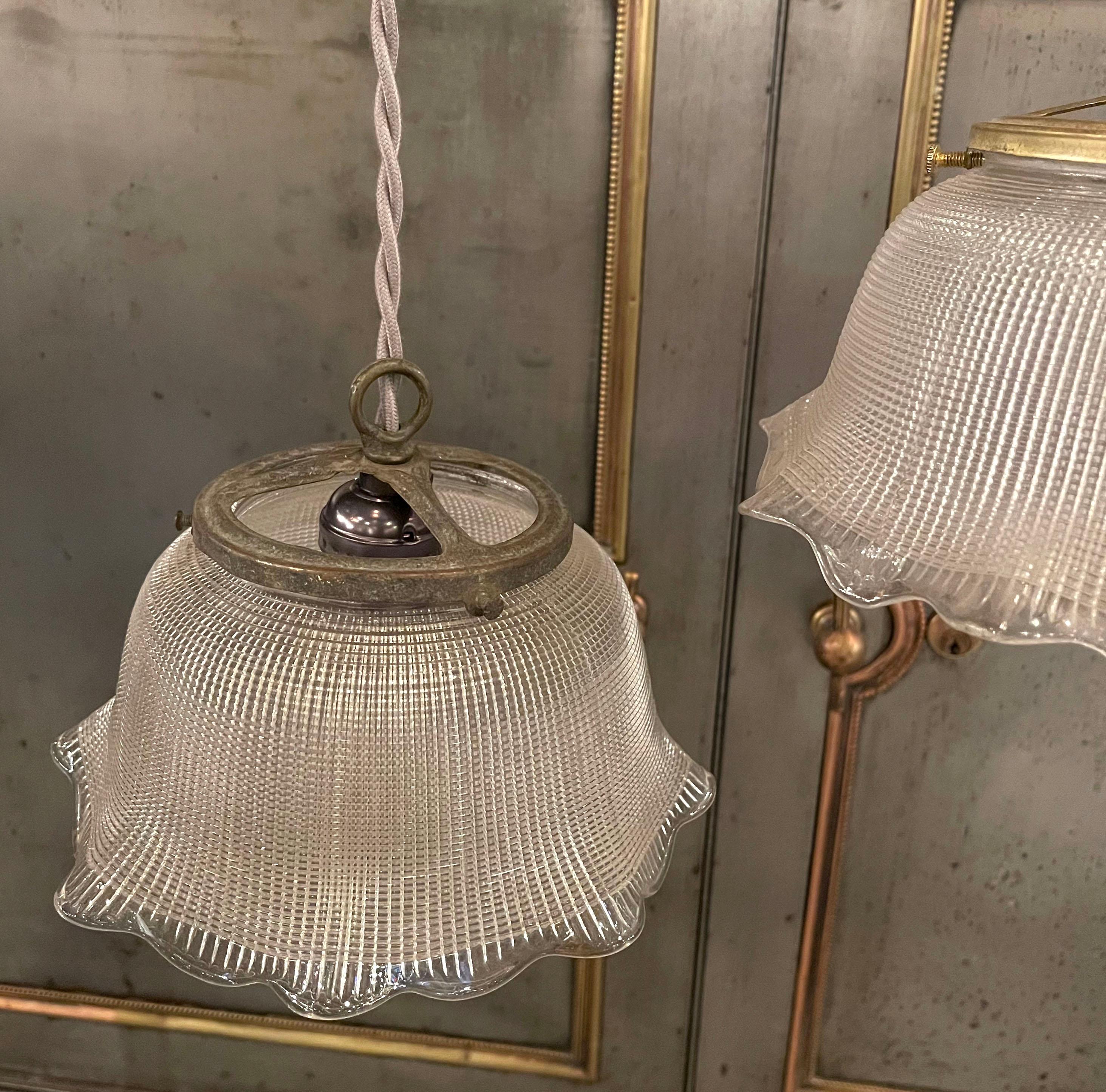 Industrial Ruffled Bell Holophane Glass Pendants Light In Good Condition For Sale In Brooklyn, NY