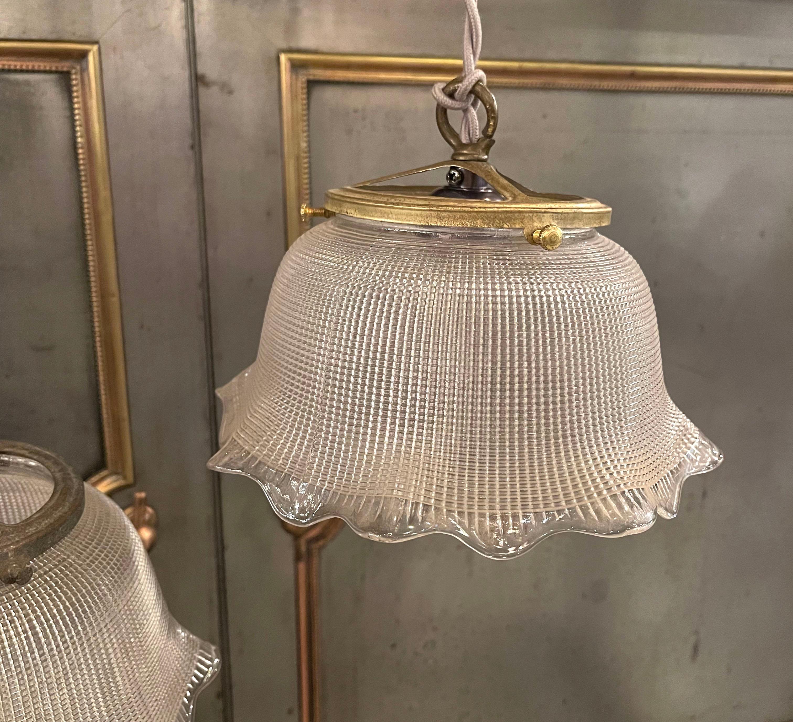 20th Century Industrial Ruffled Bell Holophane Glass Pendants Light For Sale