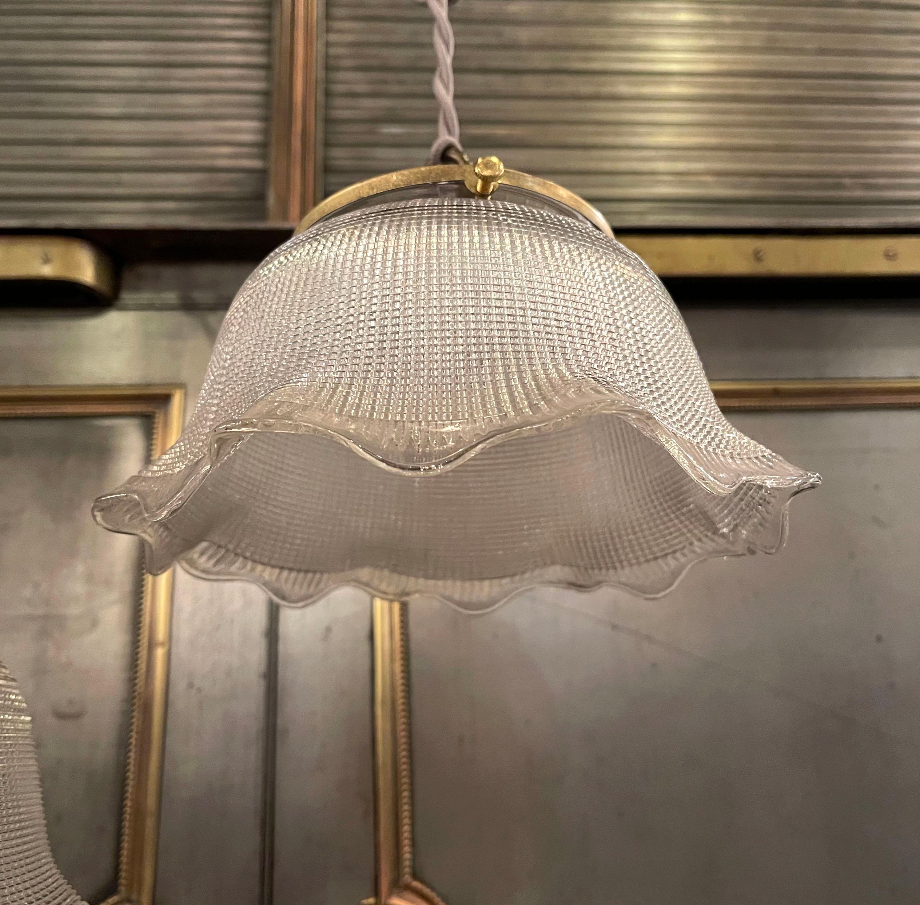 Brass Industrial Ruffled Bell Holophane Glass Pendants Lights For Sale