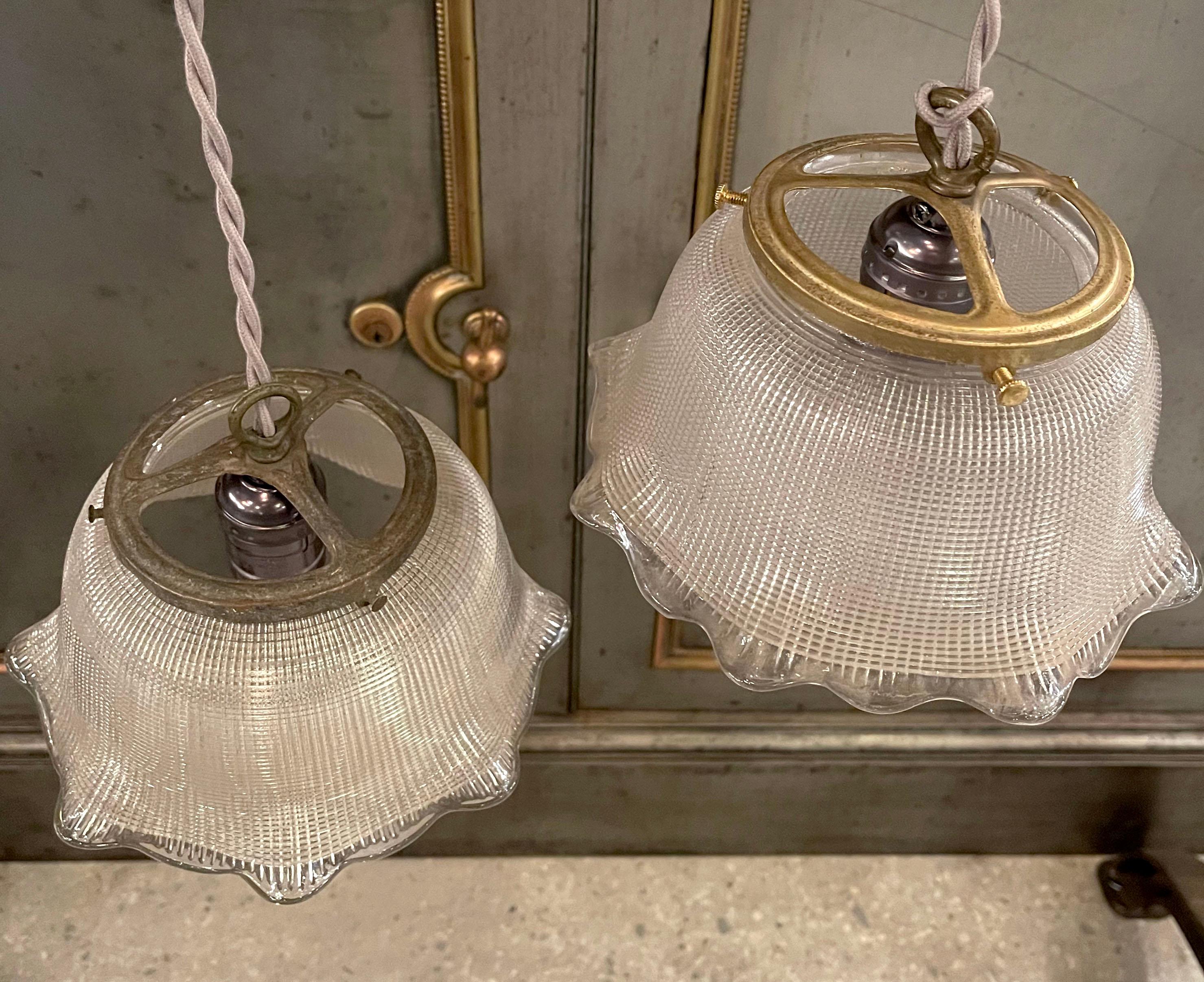 Industrial Ruffled Bell Holophane Glass Pendants Light For Sale 1