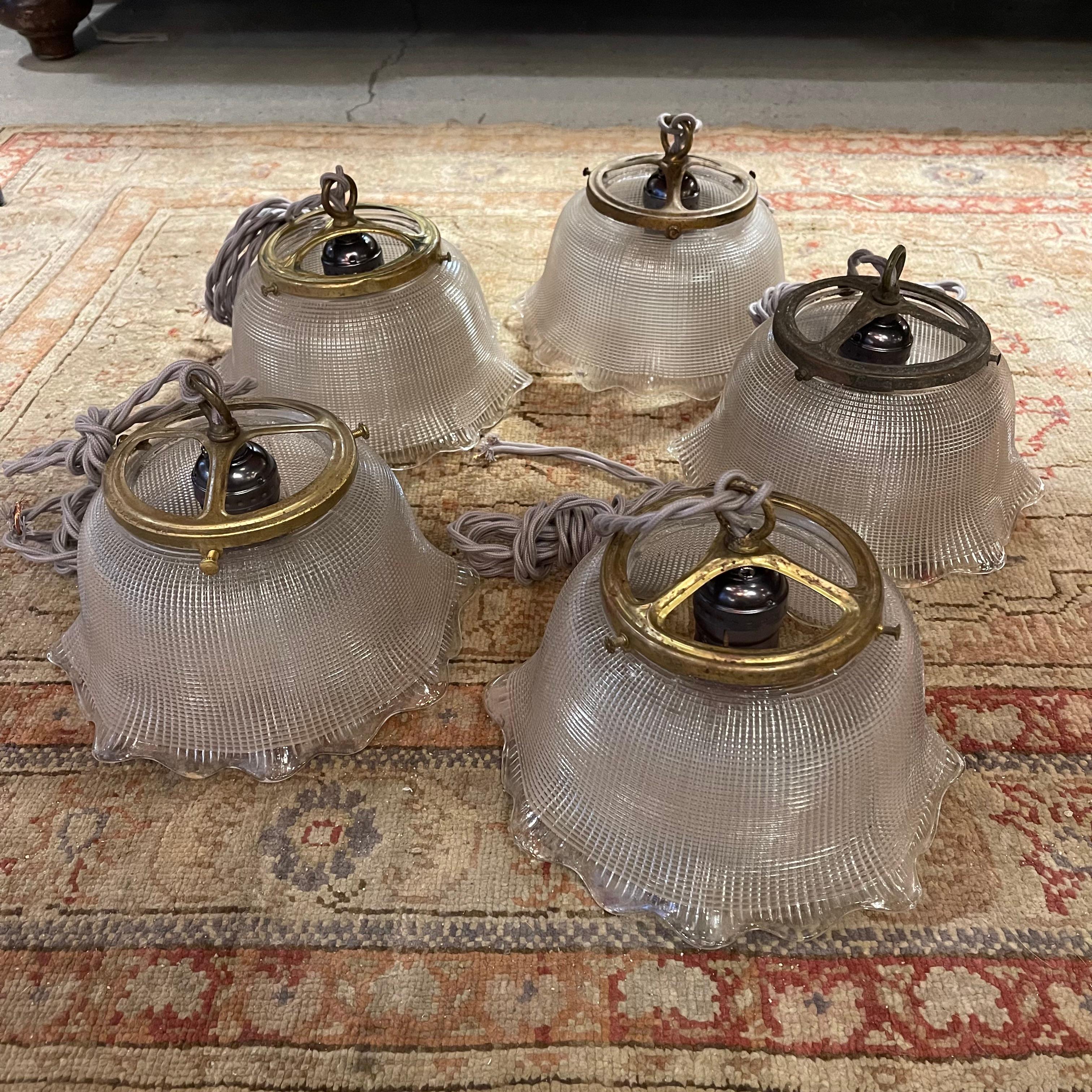 Industrial Ruffled Bell Holophane Glass Pendants Light For Sale 3