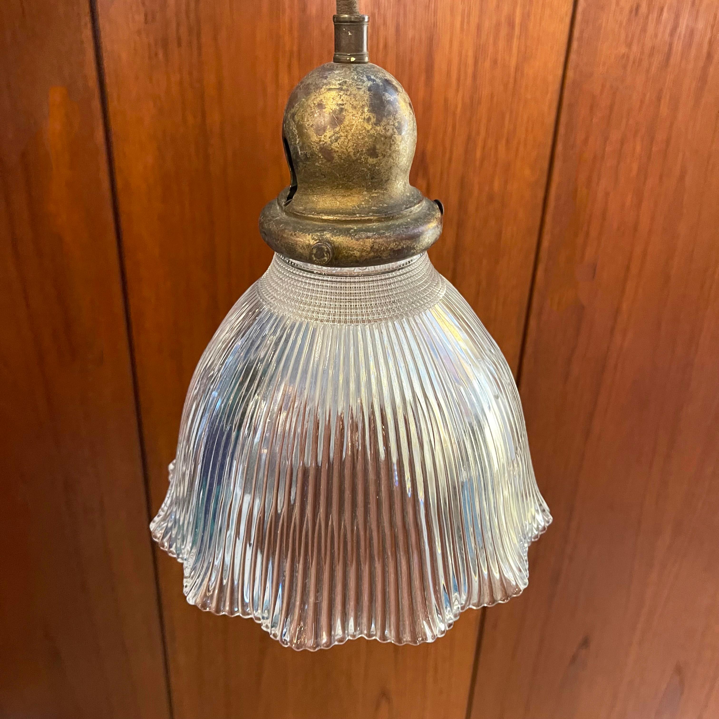 American Industrial Ruffled Holophane Bell Pendant Light For Sale