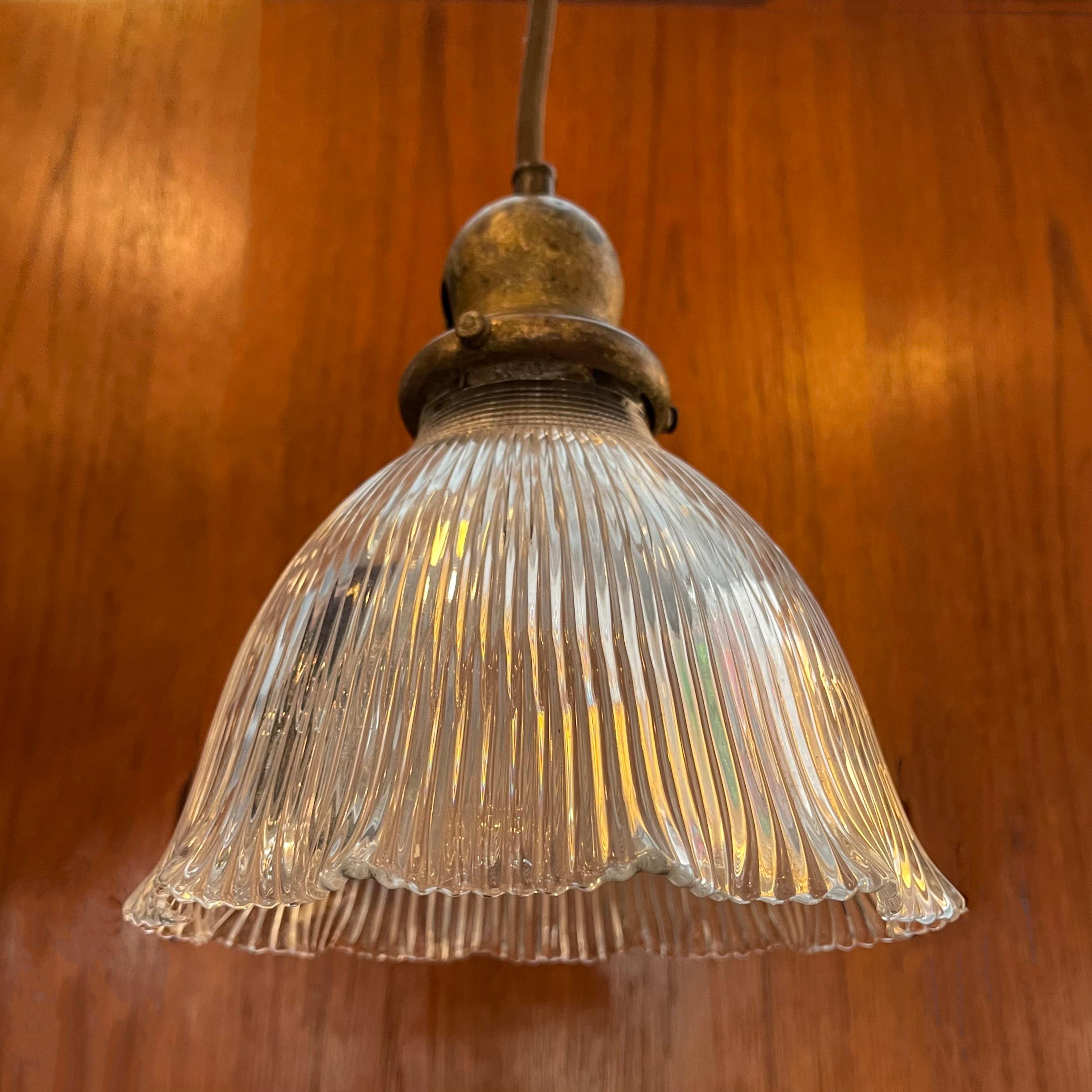Industrial Ruffled Holophane Bell Pendant Light In Good Condition For Sale In Brooklyn, NY