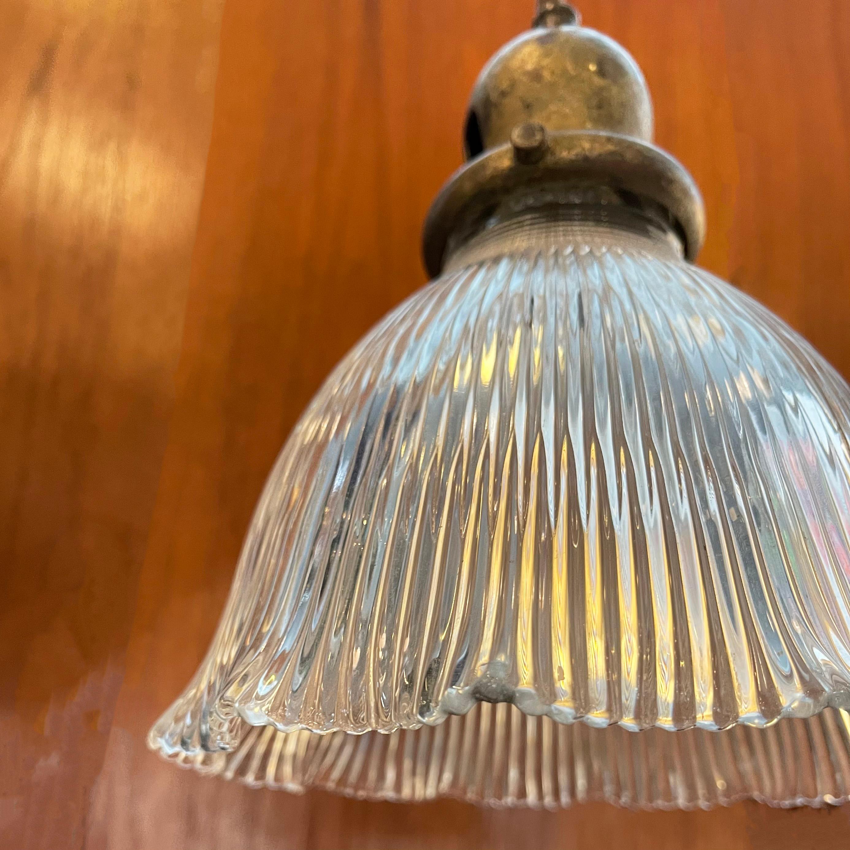 Brass Industrial Ruffled Holophane Bell Pendant Light For Sale