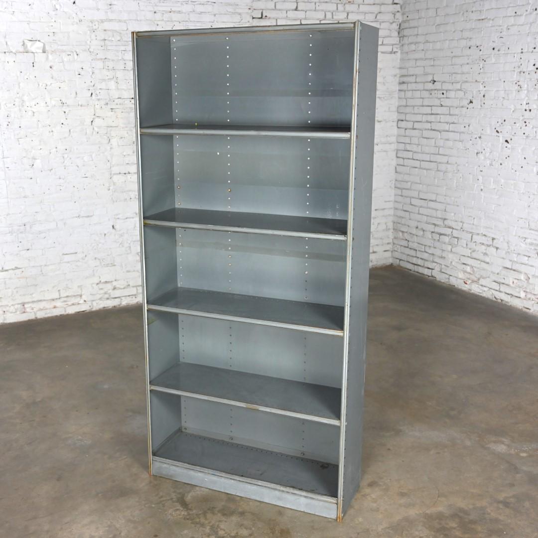 Industrial Rustic Distressed Metal Shelving Bookcase or Display Unit  For Sale 7