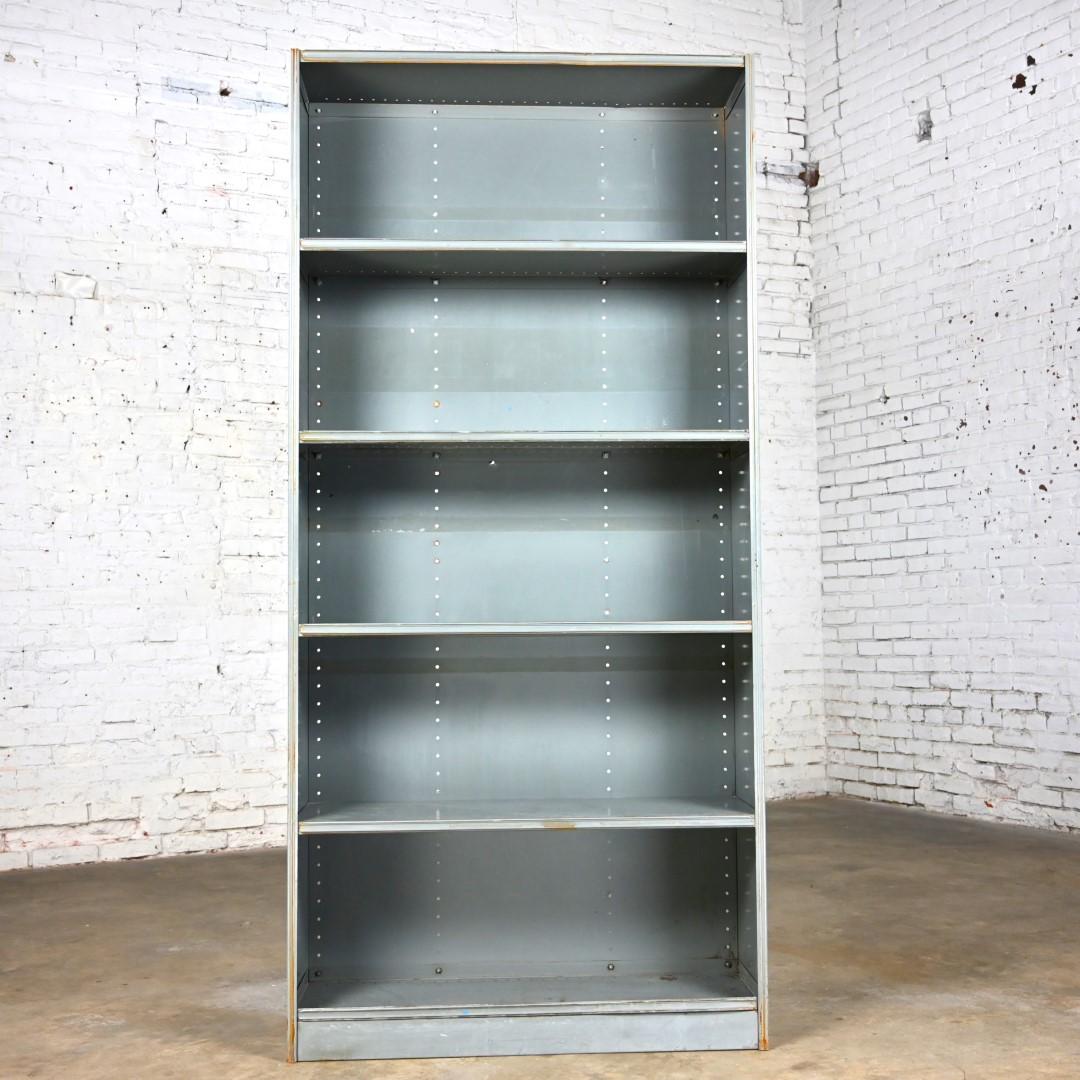 Industrial Rustic Distressed Metal Shelving Bookcase or Display Unit  For Sale 8
