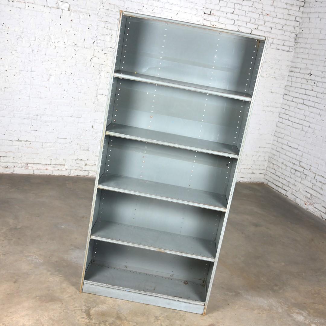 Industrial Rustic Distressed Metal Shelving Bookcase or Display Unit  In Good Condition For Sale In Topeka, KS