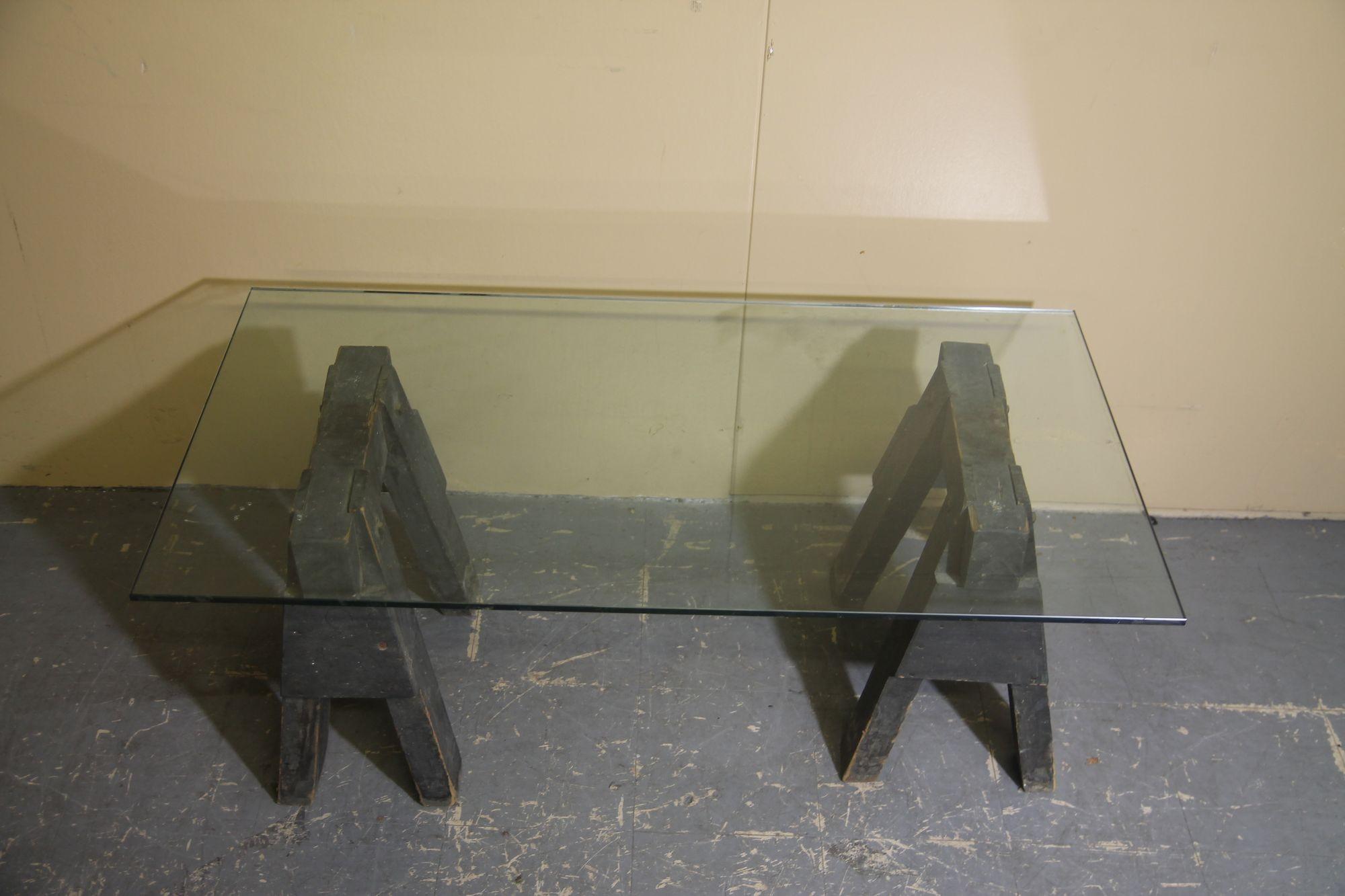 Industrial sawhorses and glass coffee table In Good Condition For Sale In Asbury Park, NJ