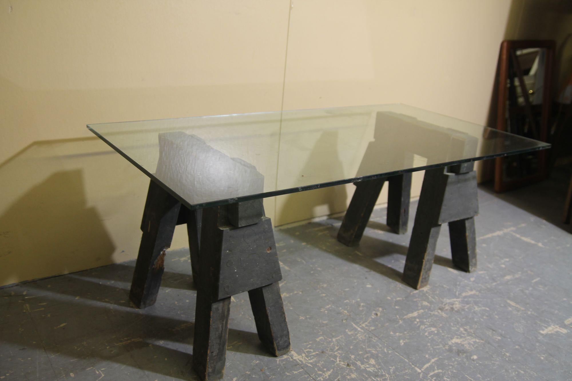 Glass Industrial sawhorses and glass coffee table For Sale