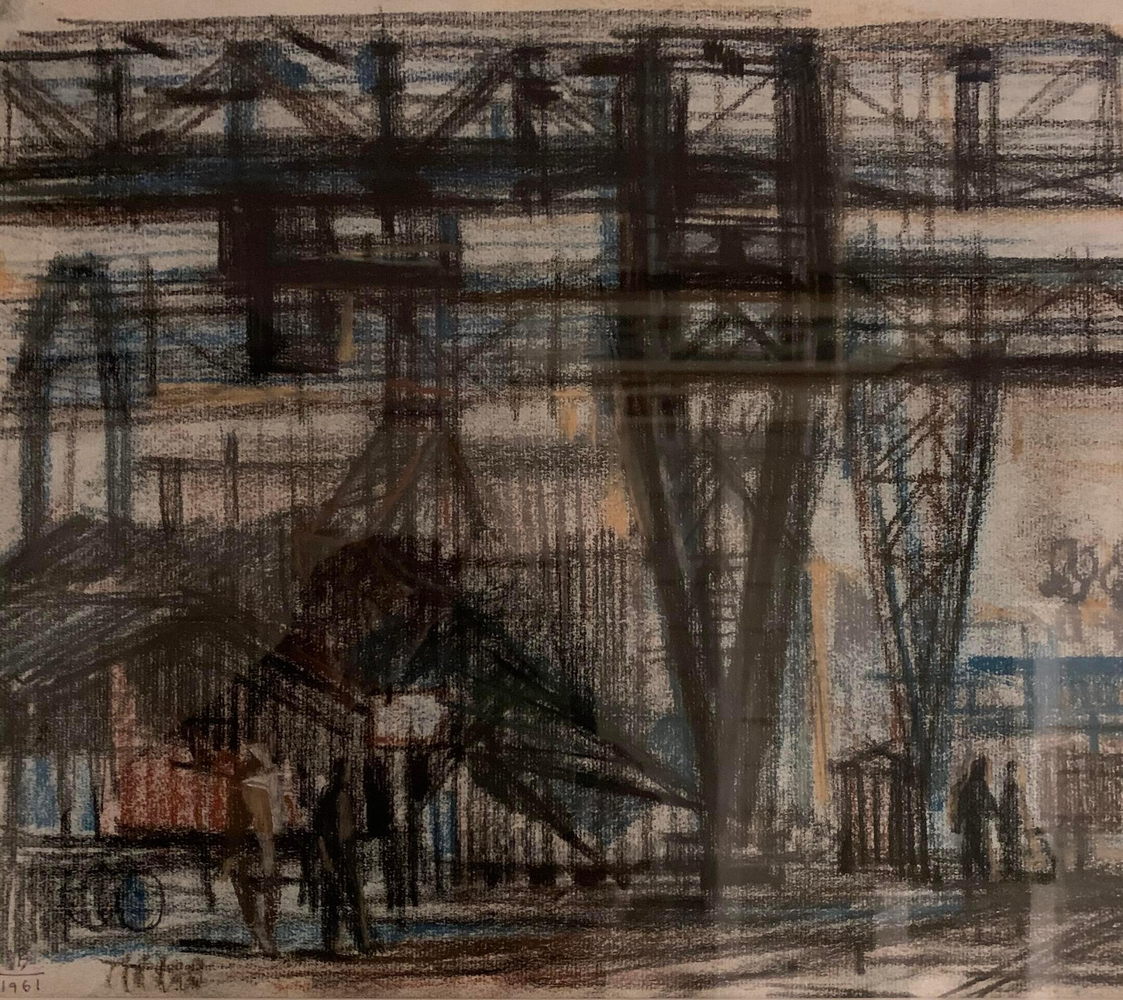 Contemporary painting of industrial scene by Hungarian artist Bizse Janos.
Matted and in a wood frame.