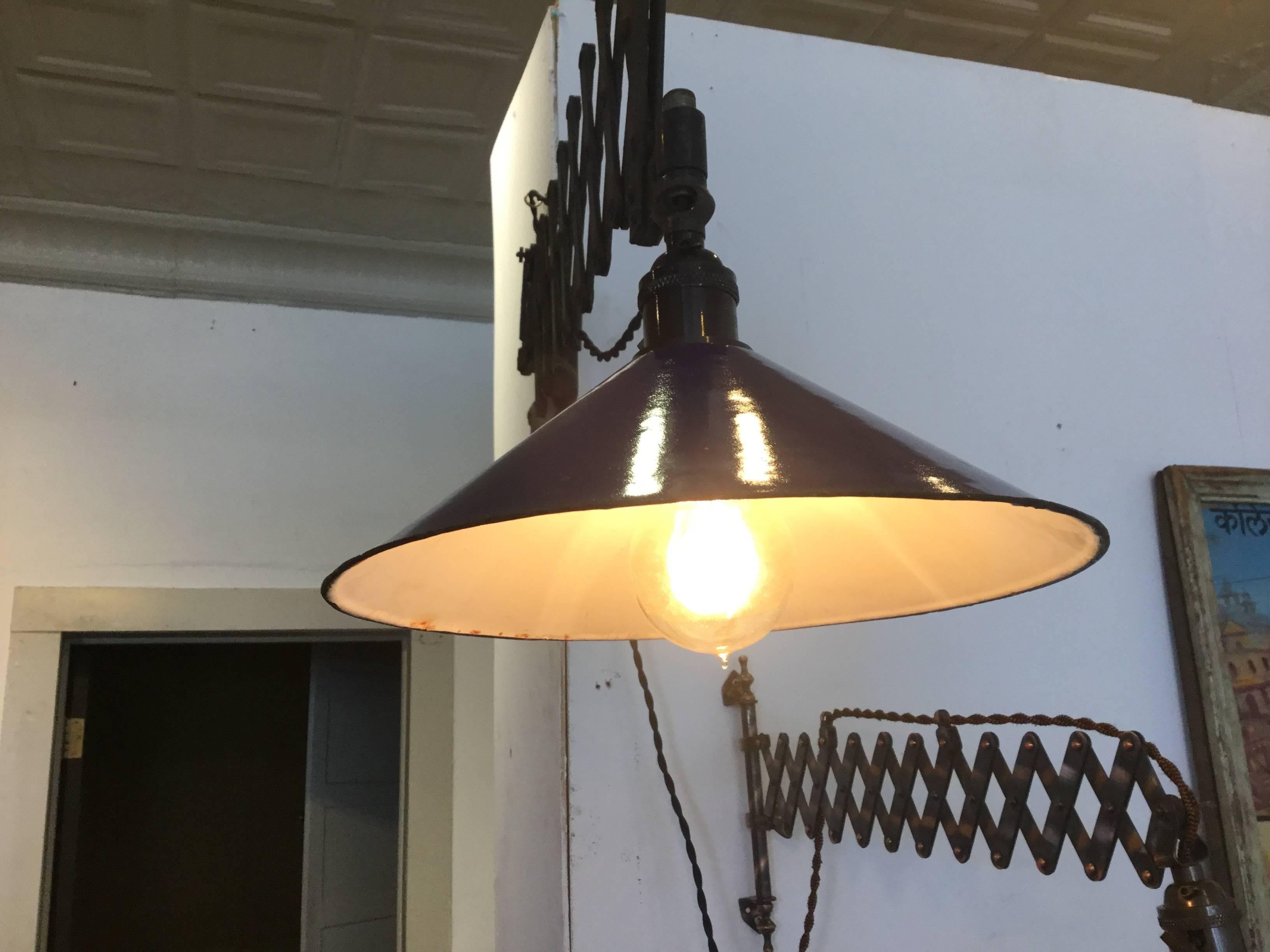 Industrial Scissor Lamp Blue Shade In Excellent Condition For Sale In North Beninngton, VT