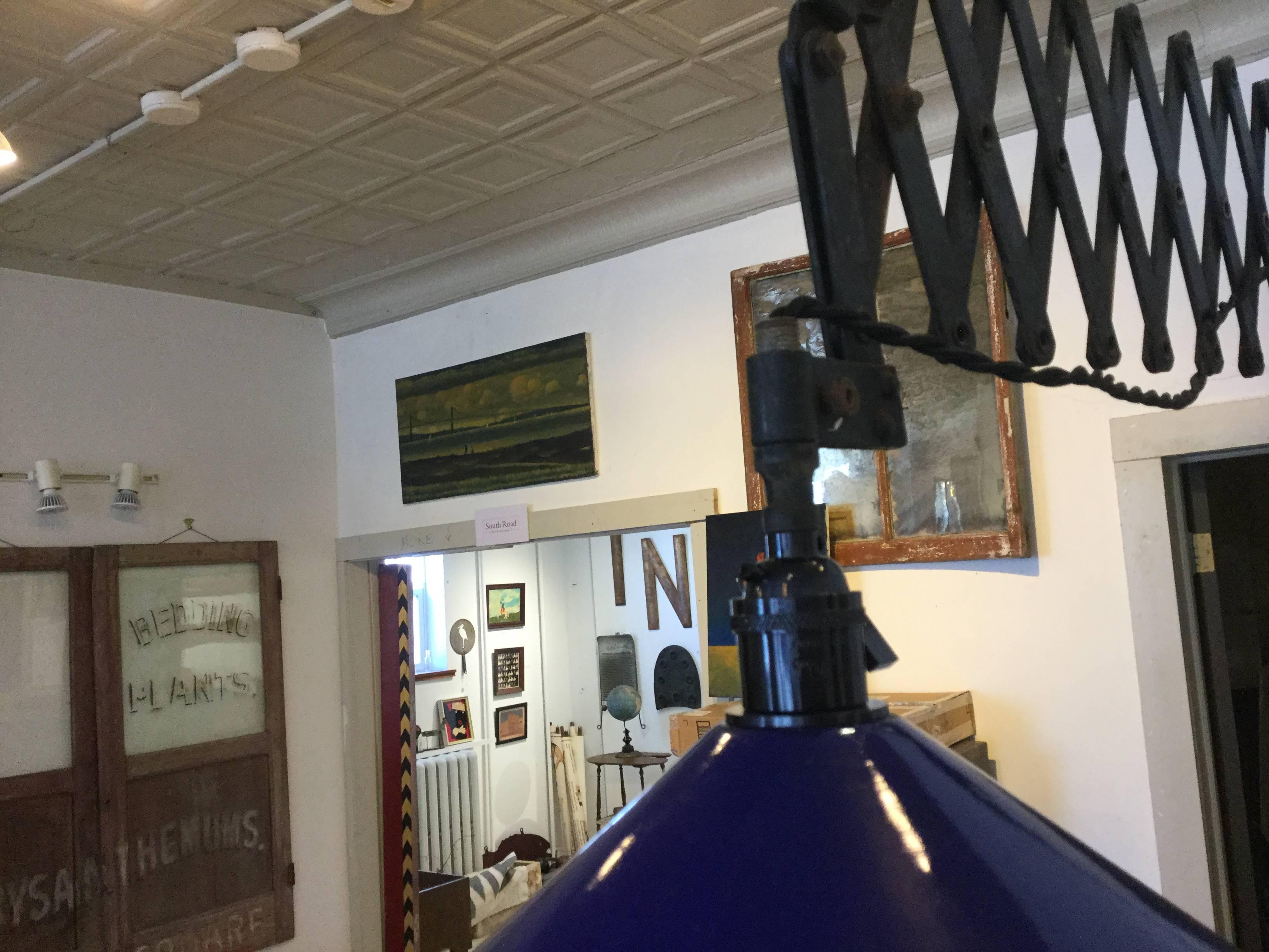Early 20th Century Industrial Scissor Lamp Blue Shade For Sale