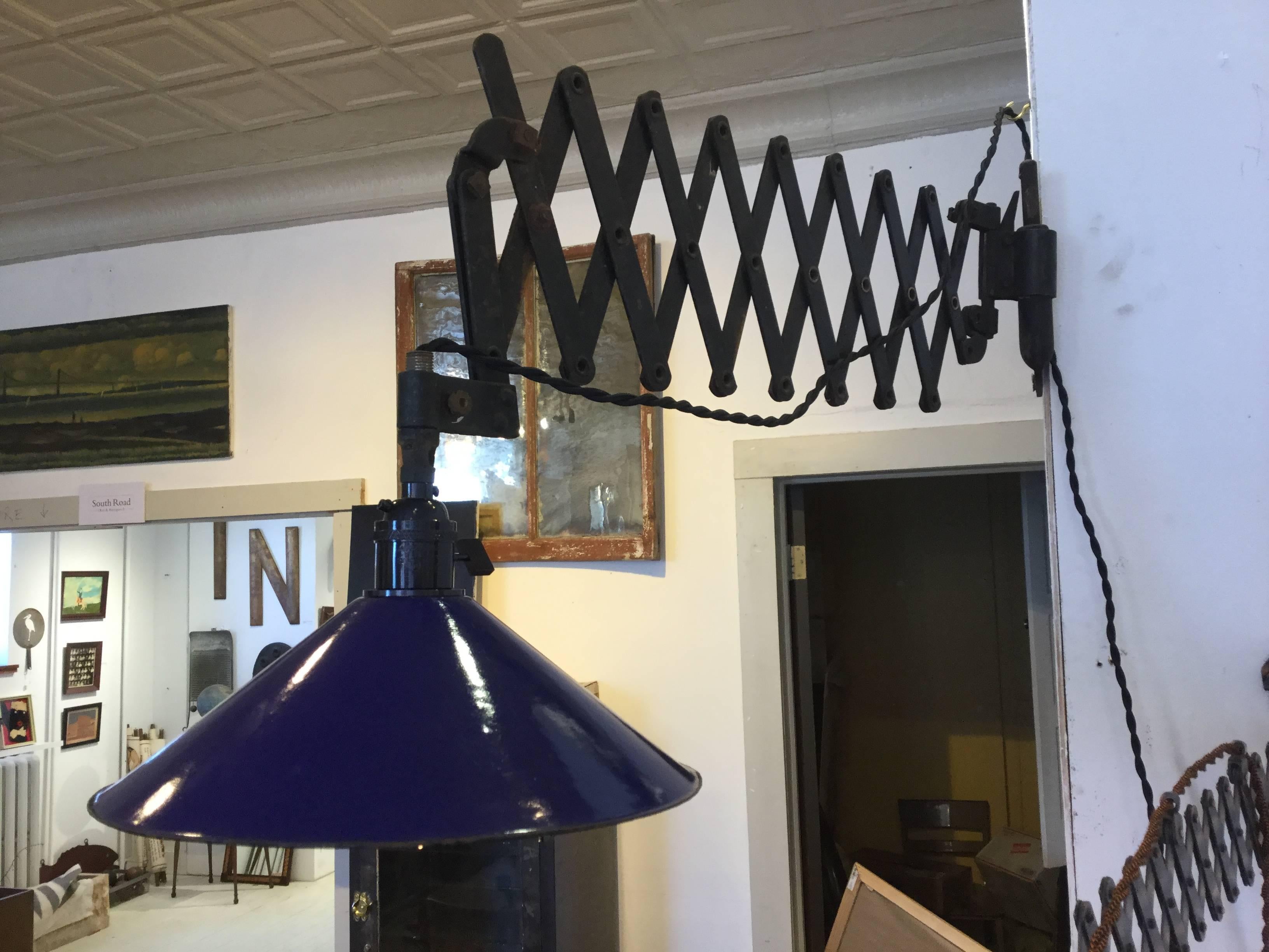 Industrial Scissor Lamp Blue Shade For Sale 1