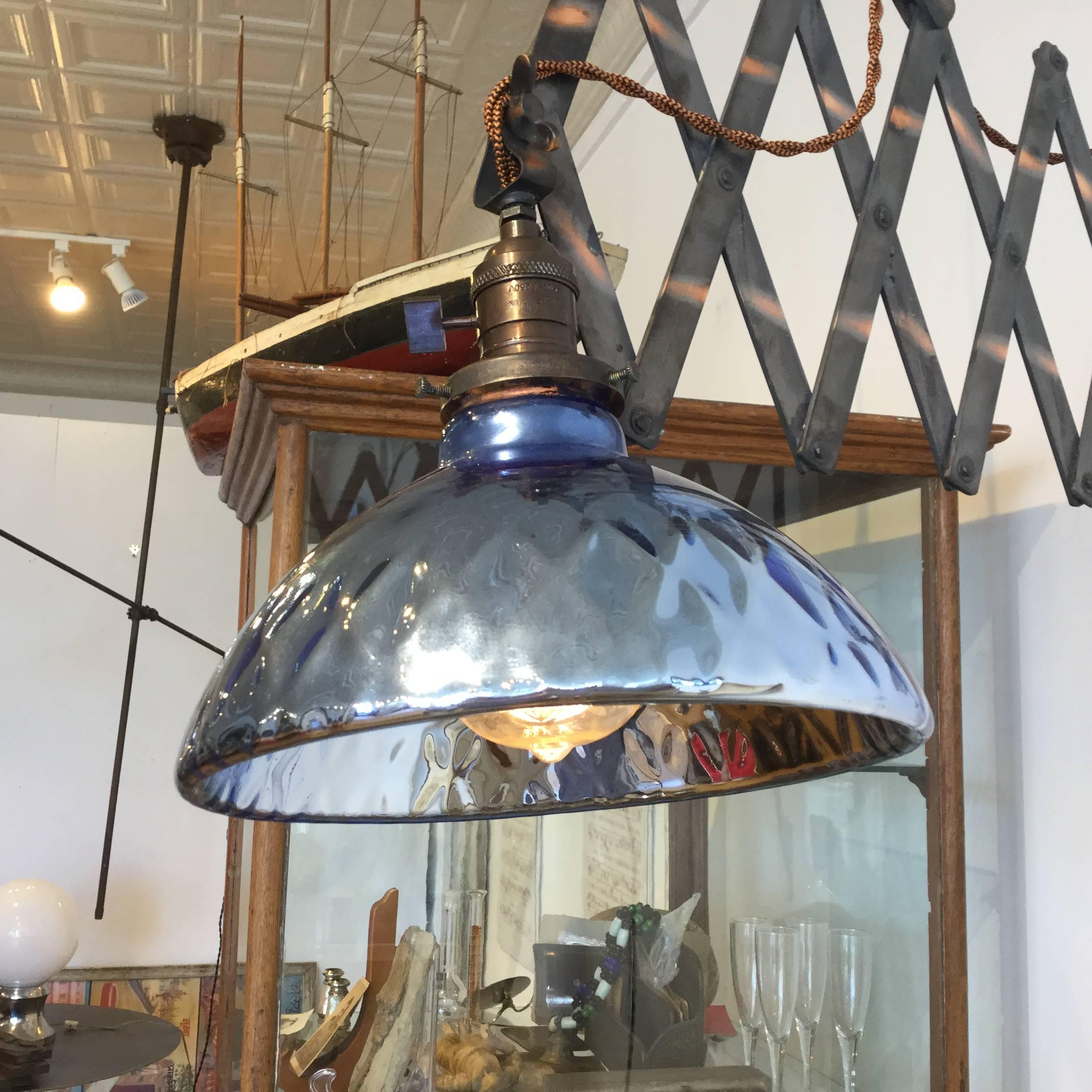 Industrial Scissor Lamp Japanned Blue Mercury Shade In Excellent Condition For Sale In North Beninngton, VT