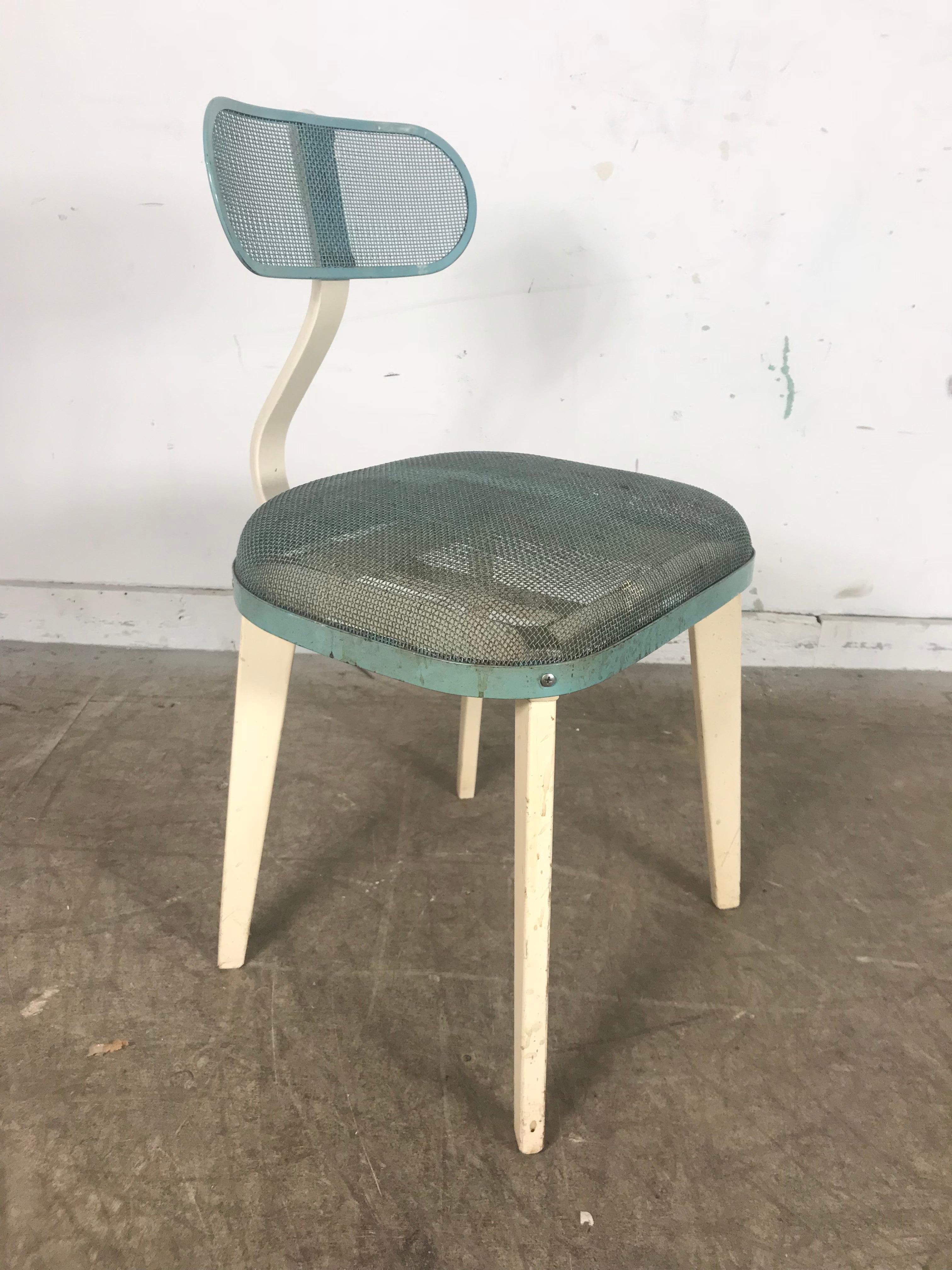 Industrial sculptural mesh steel side chair, Horton Texteel Ironer chair, wonderful design, retains original paint as well as original label, adjustable back. Extremely comfortable, handsome desk chair.