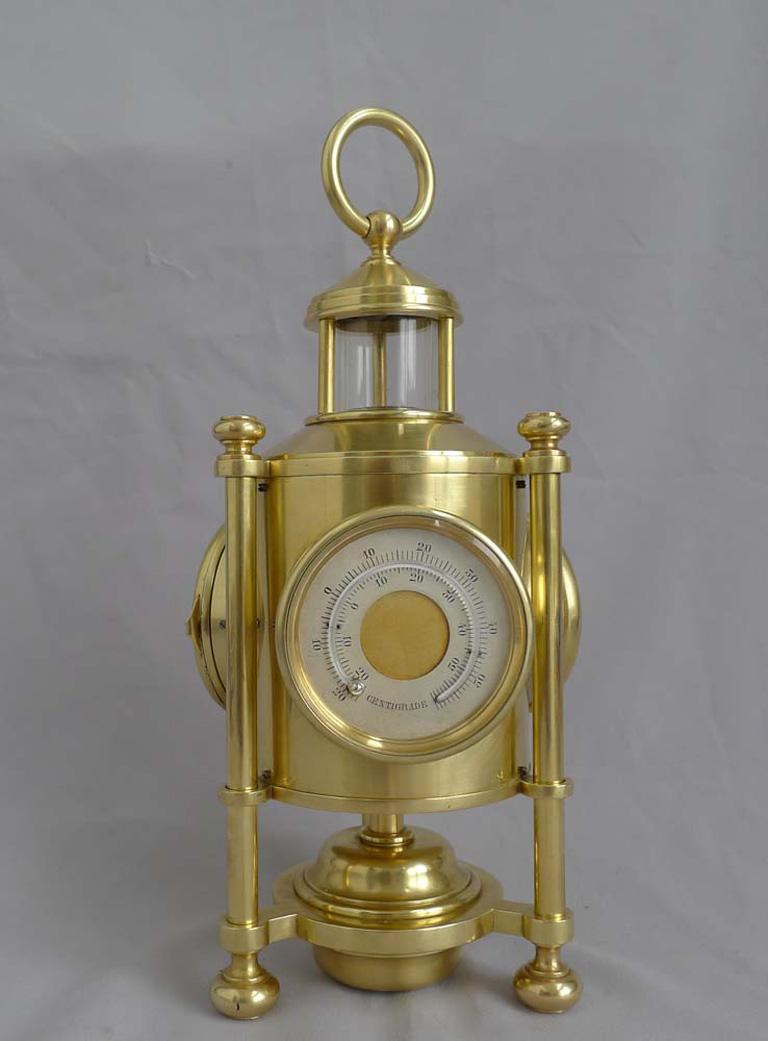 Industrial series weather station Davy's Miner's lamp clock compendium. This fine and substantial Industrial series clock/weather station compendium by Guilmet of Paris is based on the Davy lamp used in mines. In really outstanding condition this