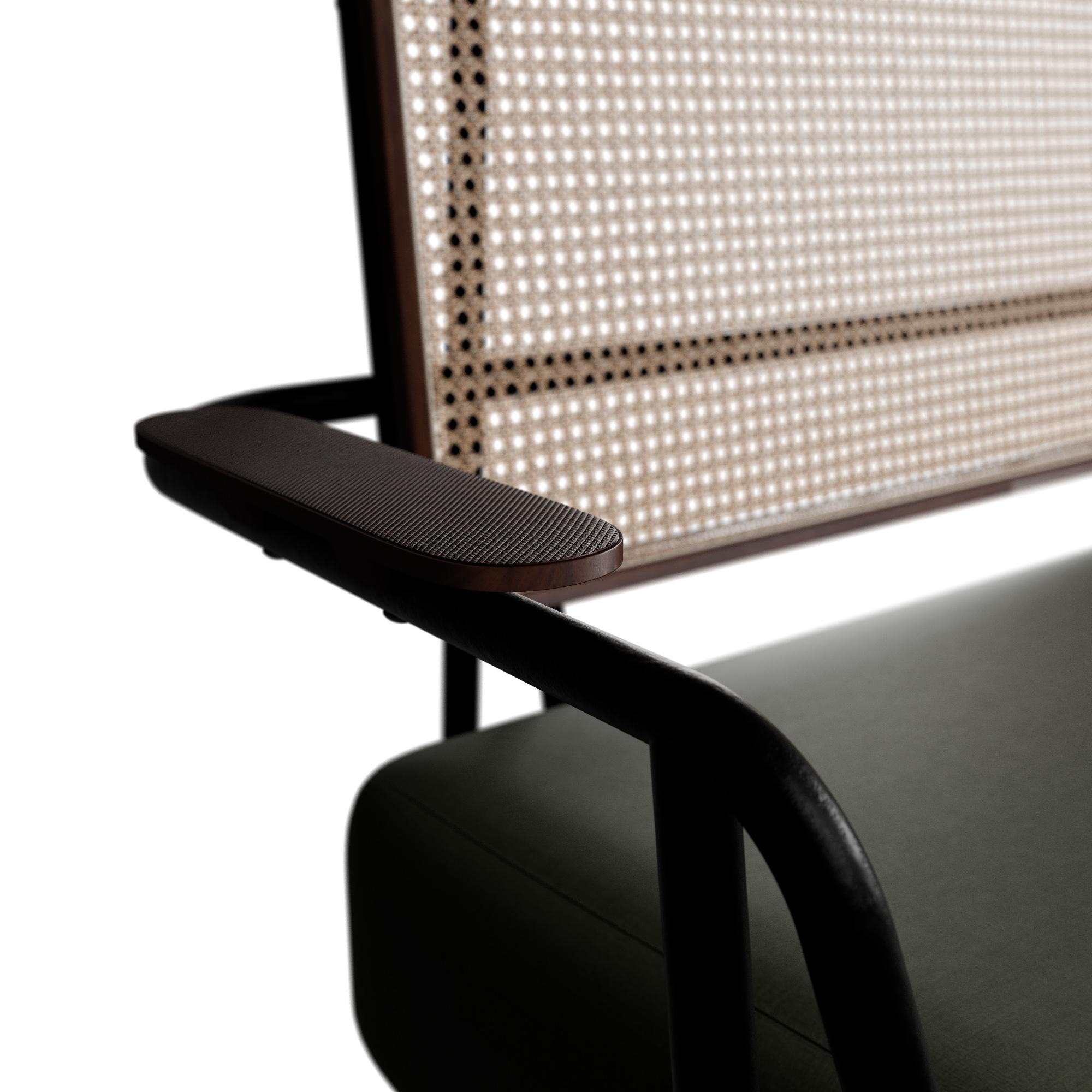 Caning Industrial Settee DUV Forest velvet handcrafted by Murmurio For Sale