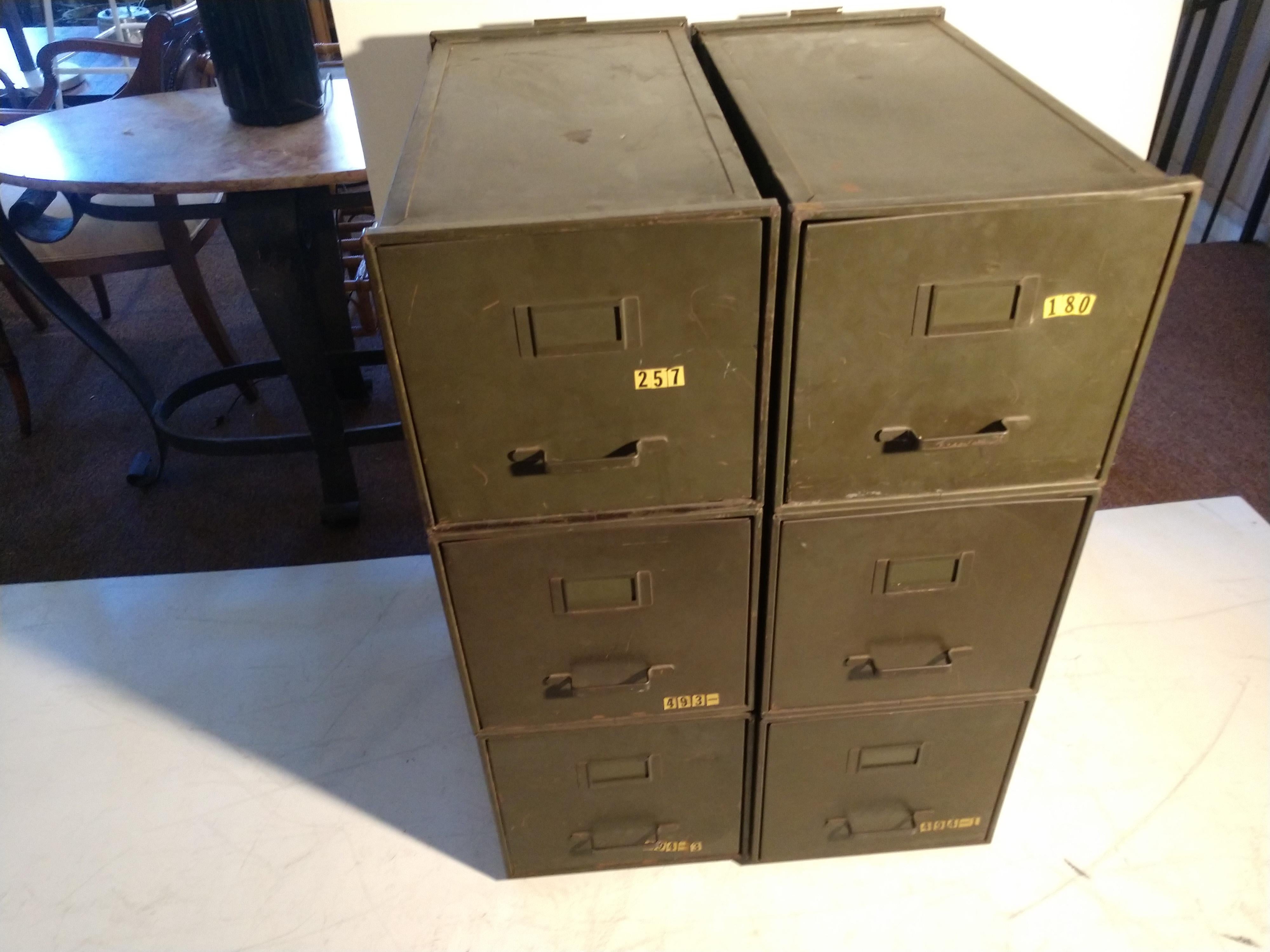 Stacking file cabinets which can be reconfigured in numerous ways. Each piece is 24.5 x 13 x 13. All in the original factory green. Great industrial look, can be used I kitchen, office, workshop etc.