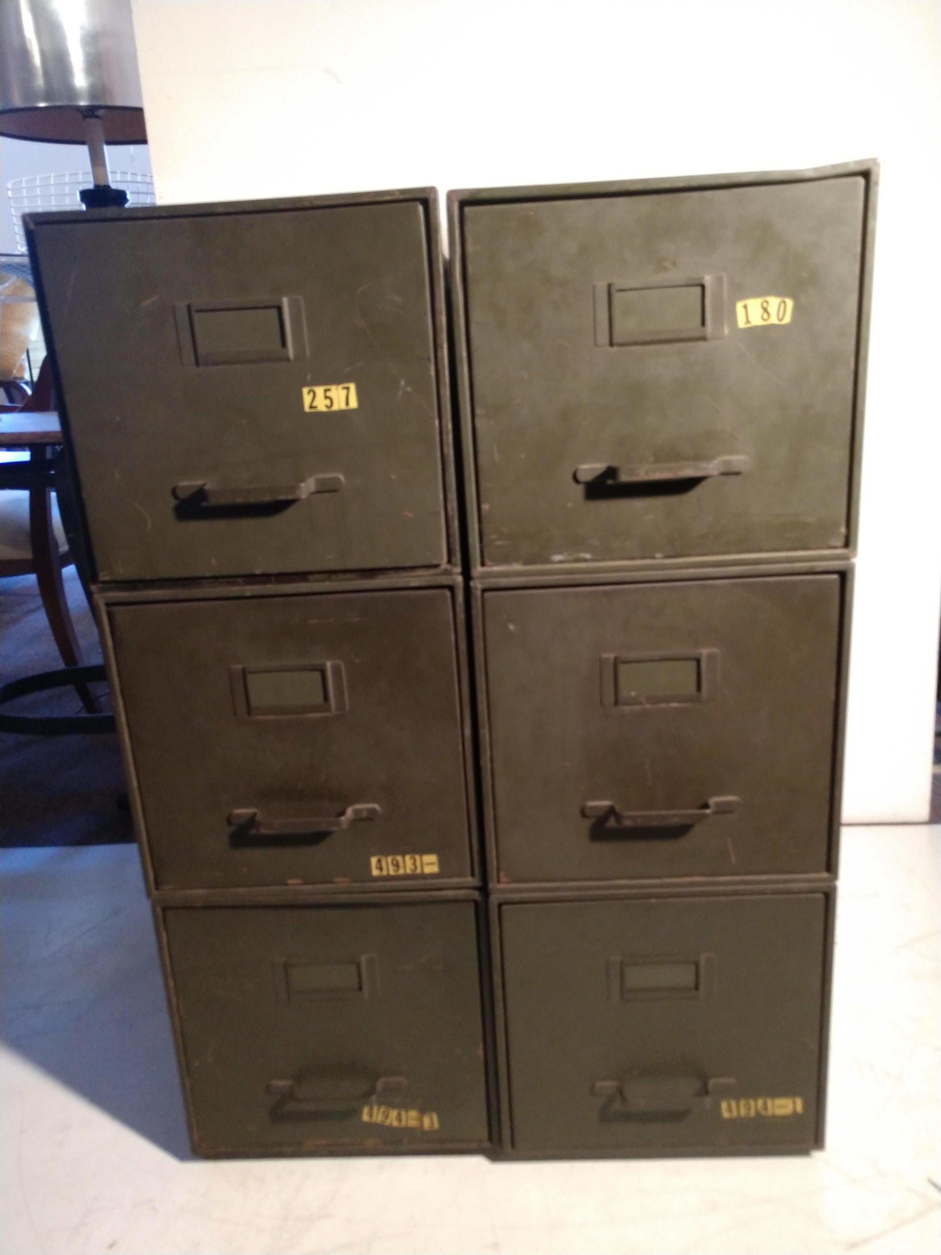 Mid-20th Century Industrial Shaw Walker Stacking File Cabinets Six in Original Green