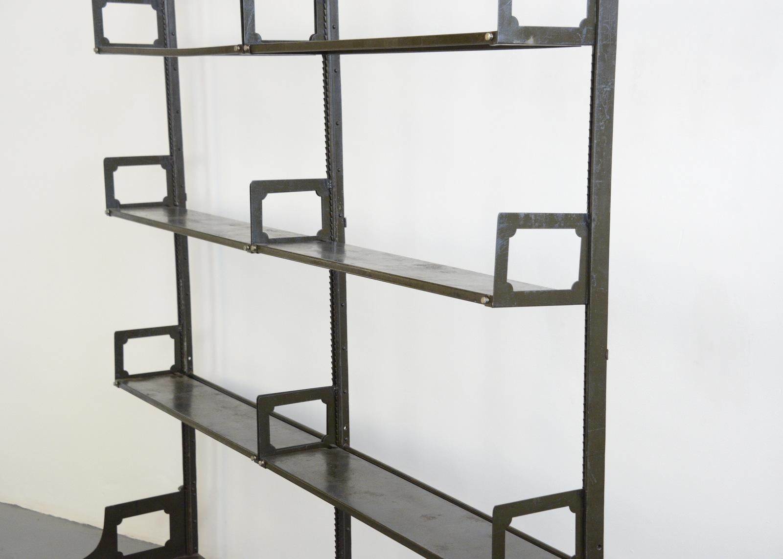 Industrial Shelving by Strafor, circa 1920s

- Cast iron feet
- Original dark green paint
- Steel frame and shelves
- By Strafor, Strasbourg
- French, 1920
- Measures: 201cm wide x 41cm deep x 222cm tall

Please note the shelves will come