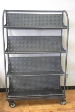 Industrial Shelving Unit on Wheels with Perforated, Black-Painted Steel Shelves