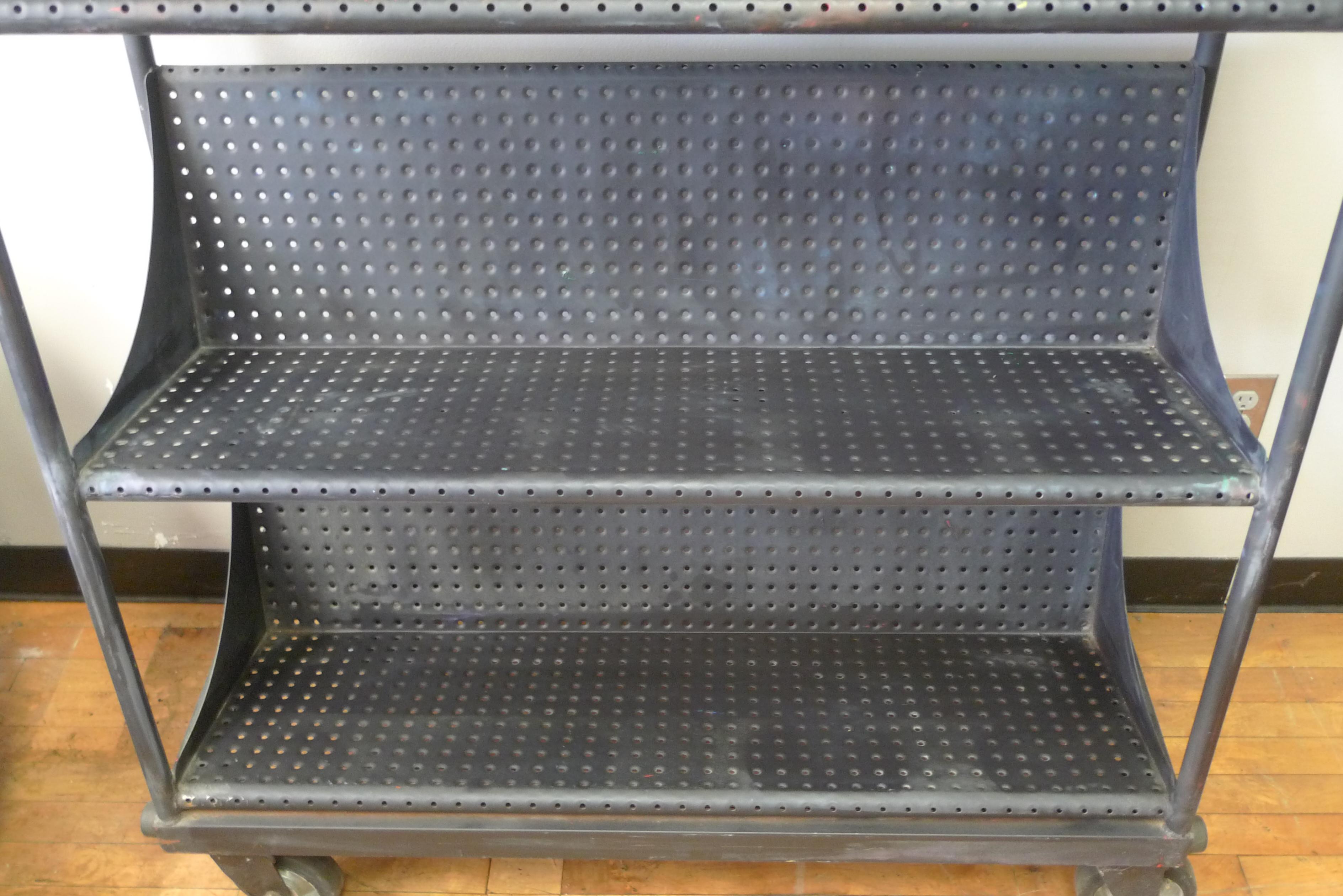 American Industrial Shelving Unit on Wheels with Perforated, Black-Painted Steel Shelves