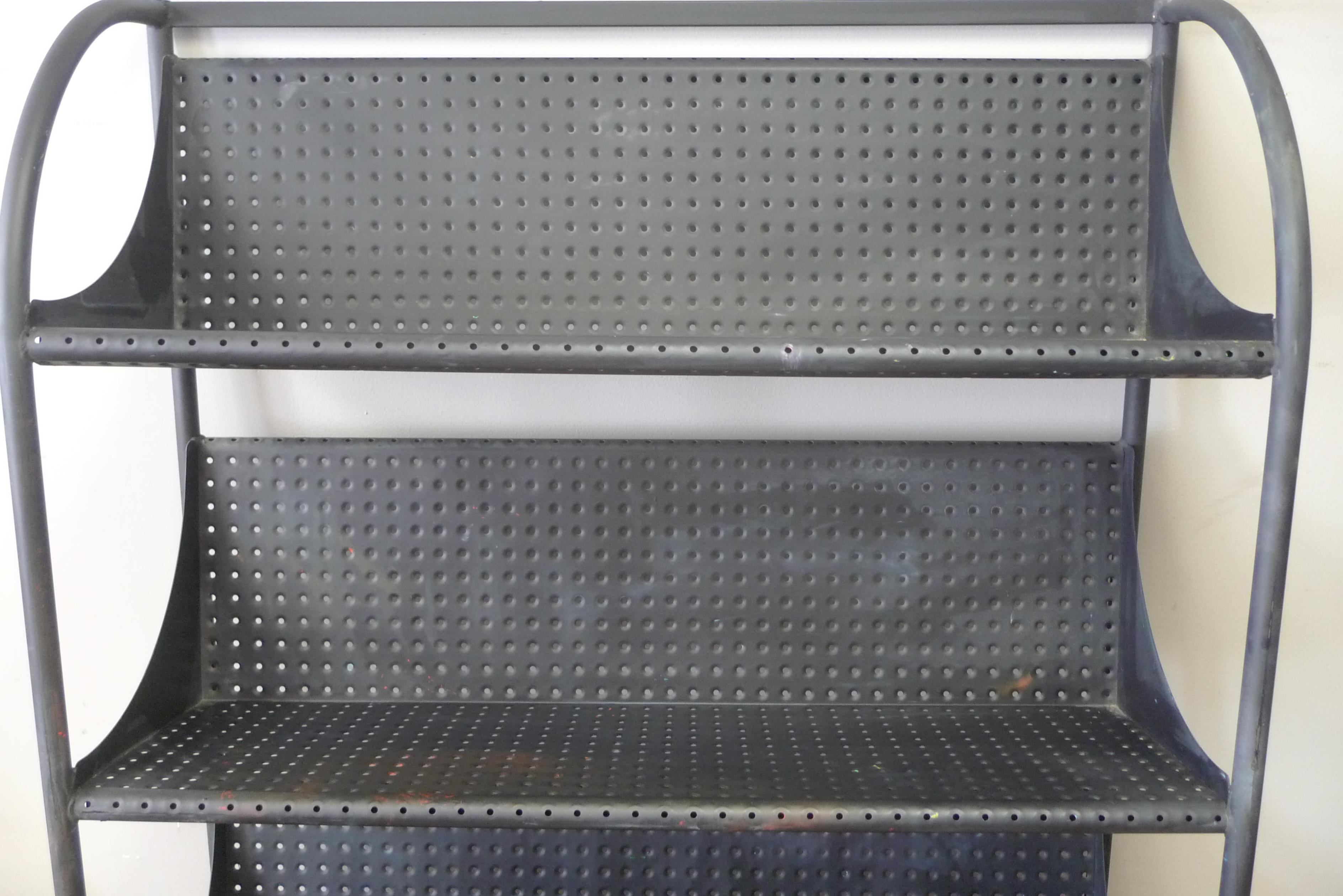 Industrial Shelving Unit on Wheels with Perforated, Black-Painted Steel Shelves In Good Condition In Madison, WI