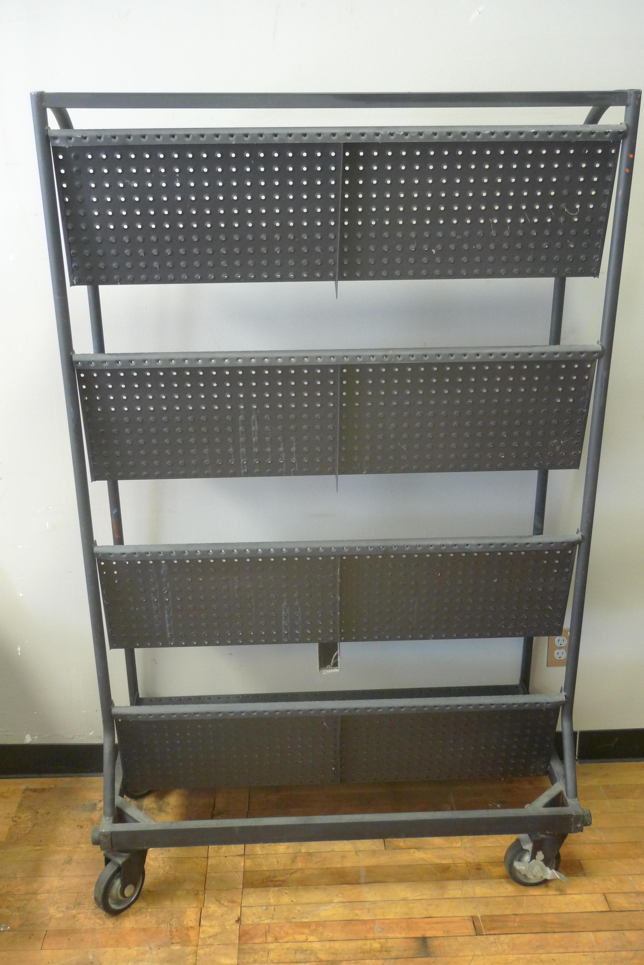 Late 20th Century Industrial Shelving Unit on Wheels with Perforated, Black-Painted Steel Shelves