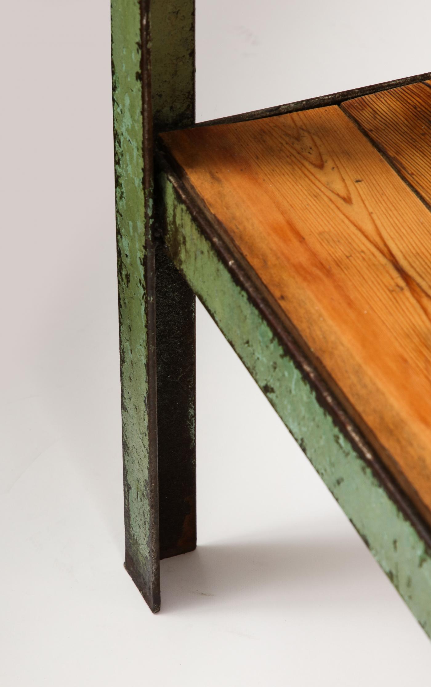 Industrial Side Table/Console with Shelf in Patinated Metal and European Pine For Sale 4