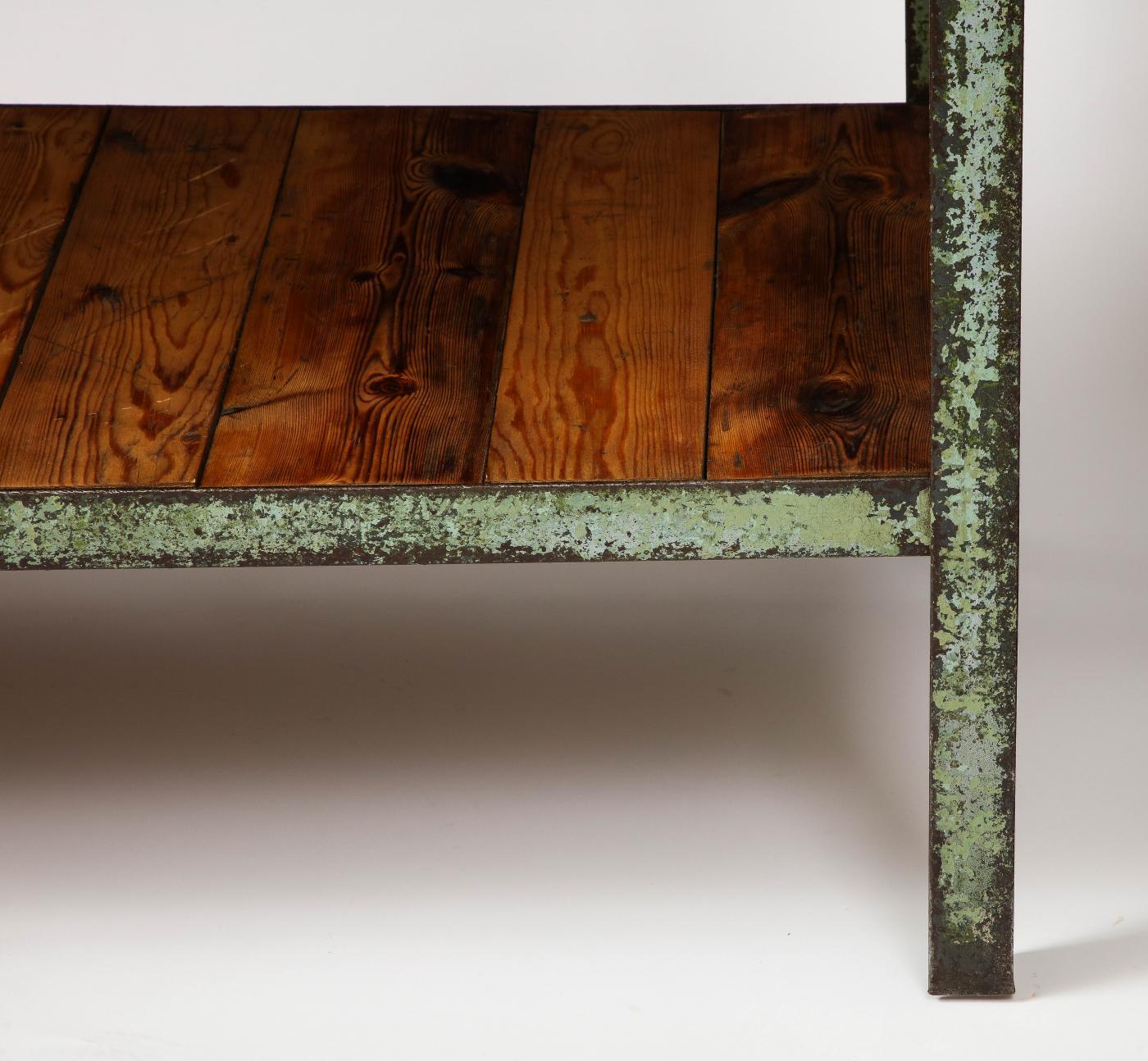 Industrial Side Table/Console with Shelf in Patinated Metal and European Pine For Sale 5