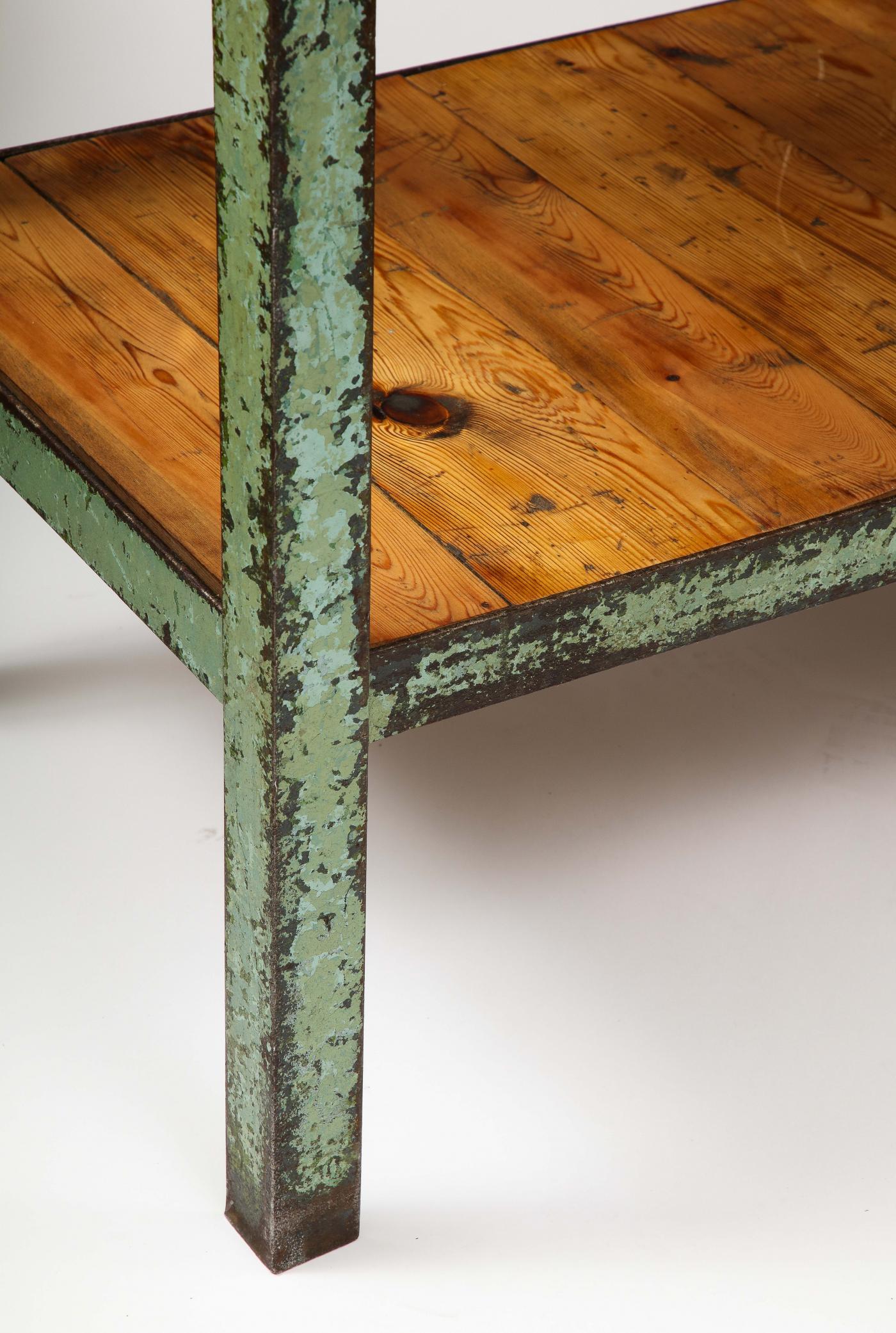 Industrial Side Table/Console with Shelf in Patinated Metal and European Pine 6