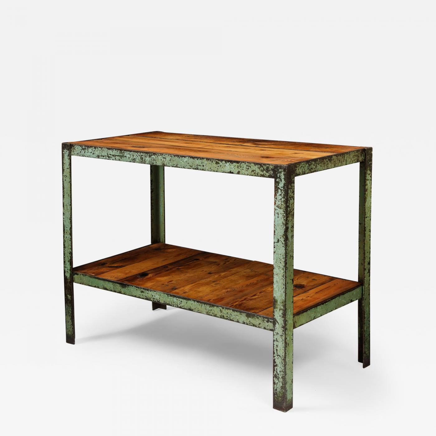 Modern Industrial Side Table/Console with Shelf in Patinated Metal and European Pine