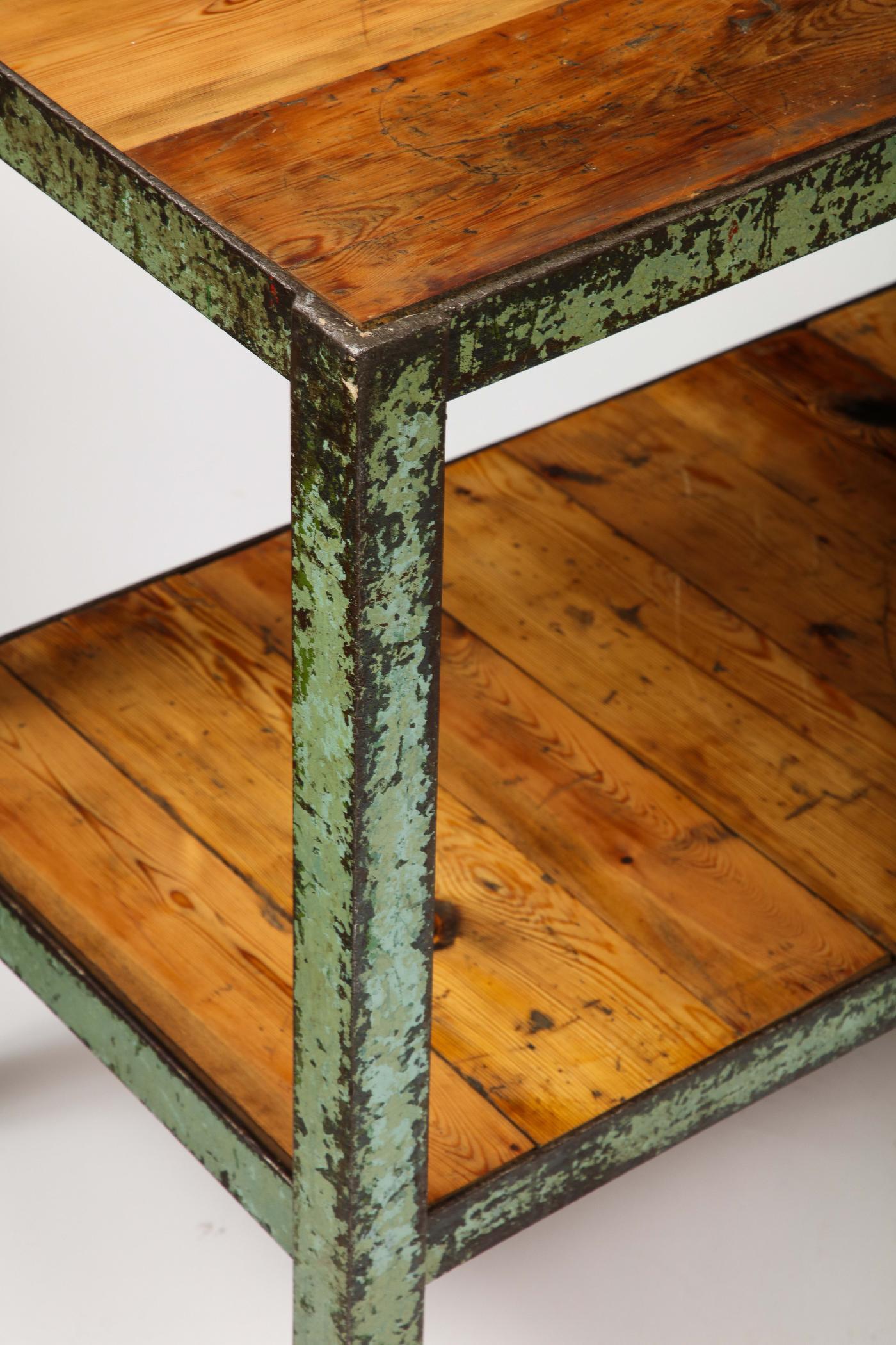 Industrial Side Table/Console with Shelf in Patinated Metal and European Pine 3